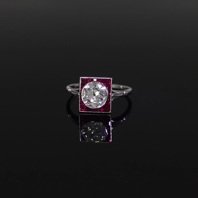 Art Deco 1.70ct Diamond and Ruby Plaque Ring in Platinum