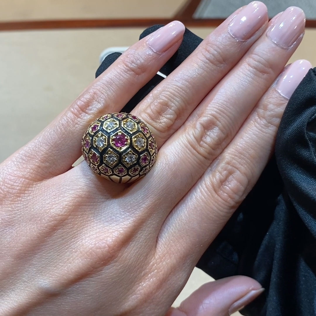 Retro Diamond & Ruby Bombé Honeycomb Dress Ring in 18ct Yellow Gold