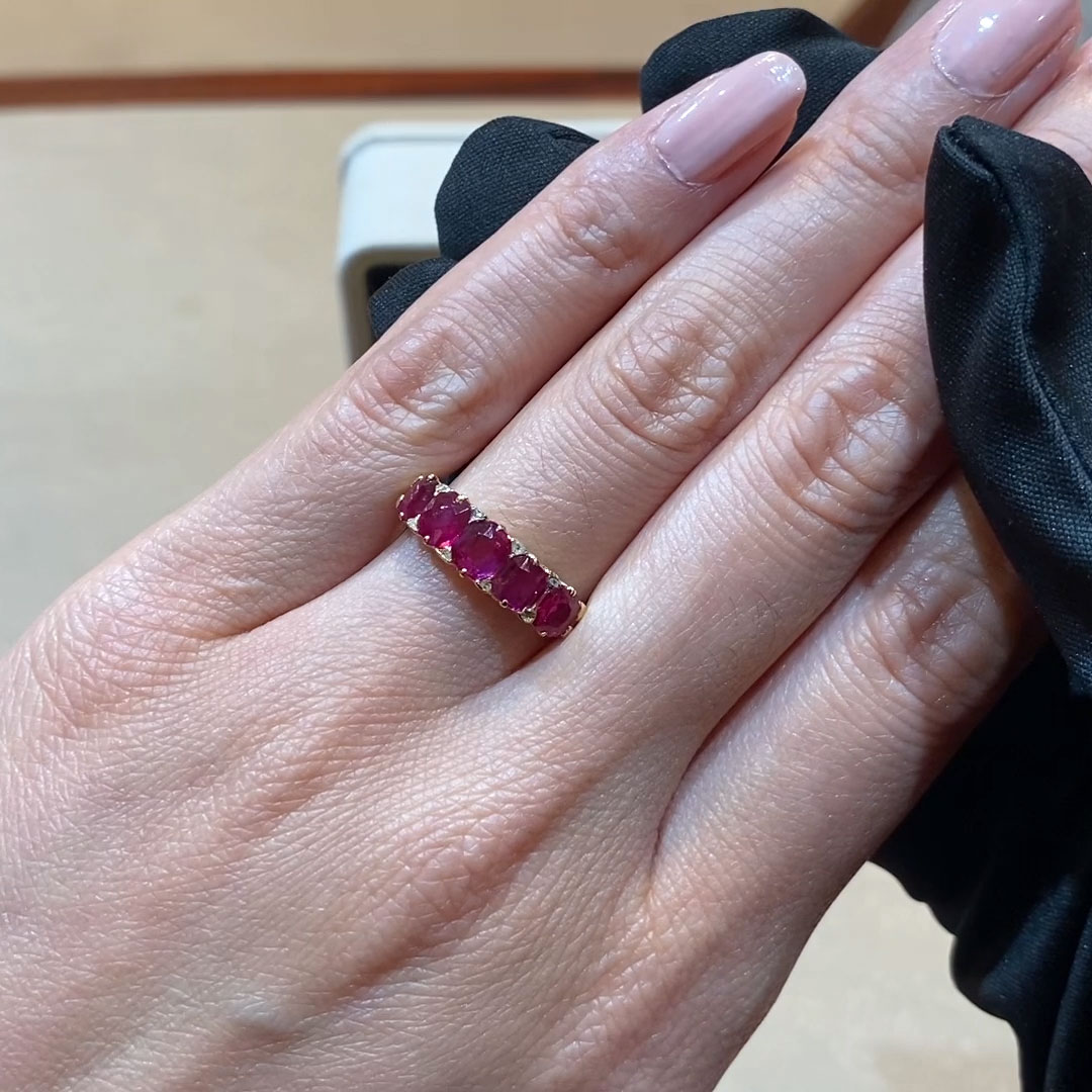 Victorian Five Stone Burmese Ruby Ring in 18ct Yellow Gold