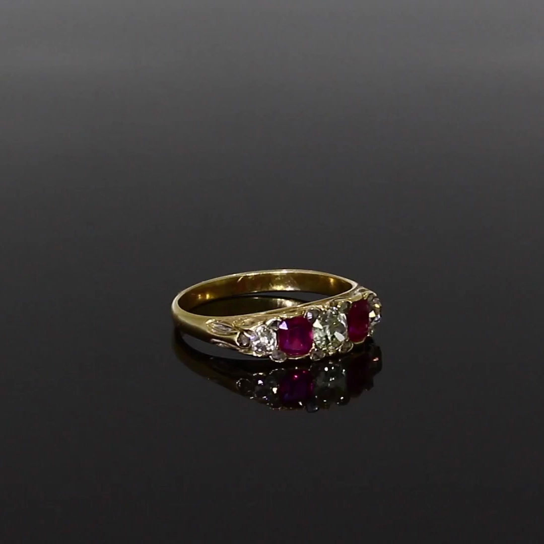 Victorian Five Stone Diamond and Ruby Ring in 18ct Yellow Gold