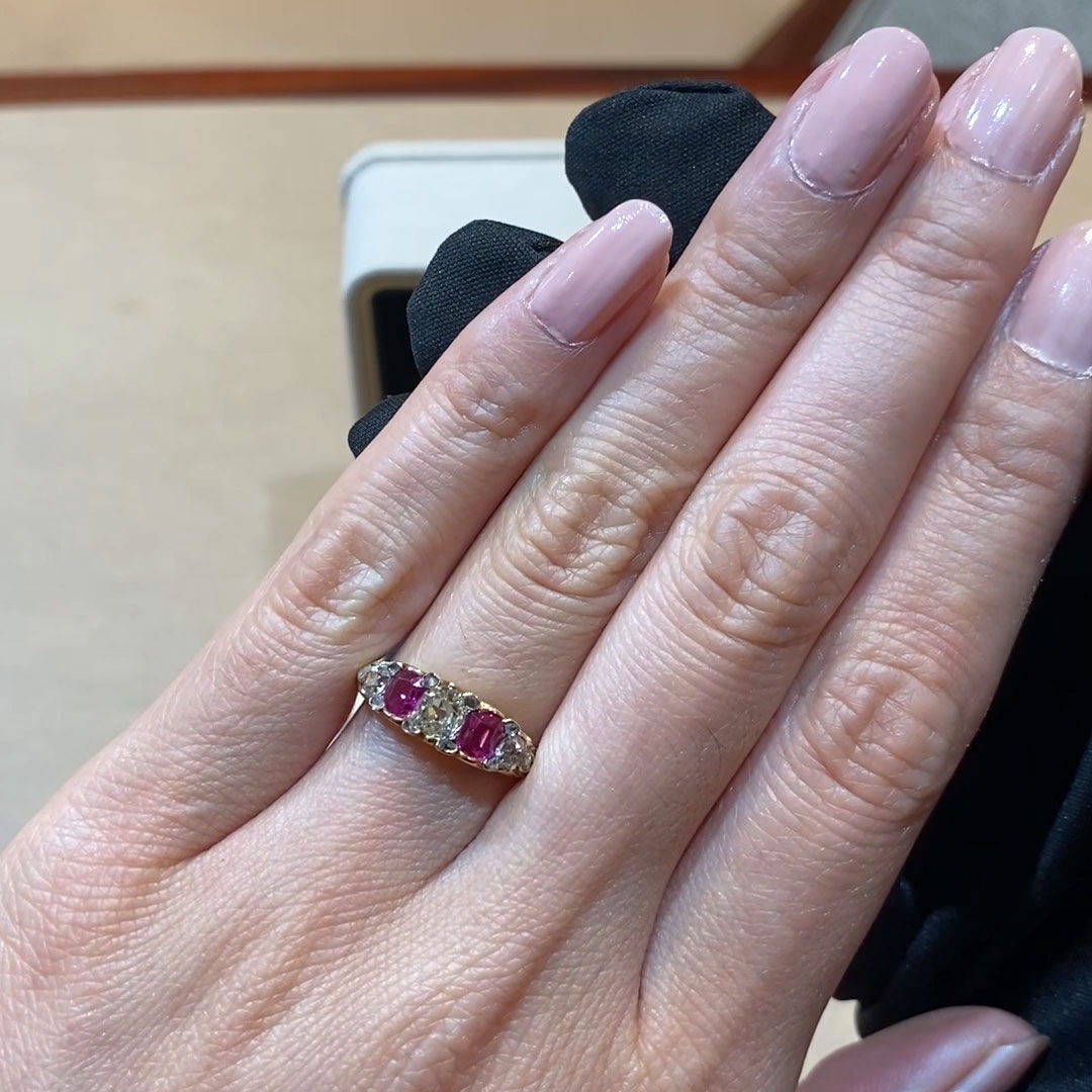 Victorian Five Stone Diamond and Ruby Ring in 18ct Yellow Gold