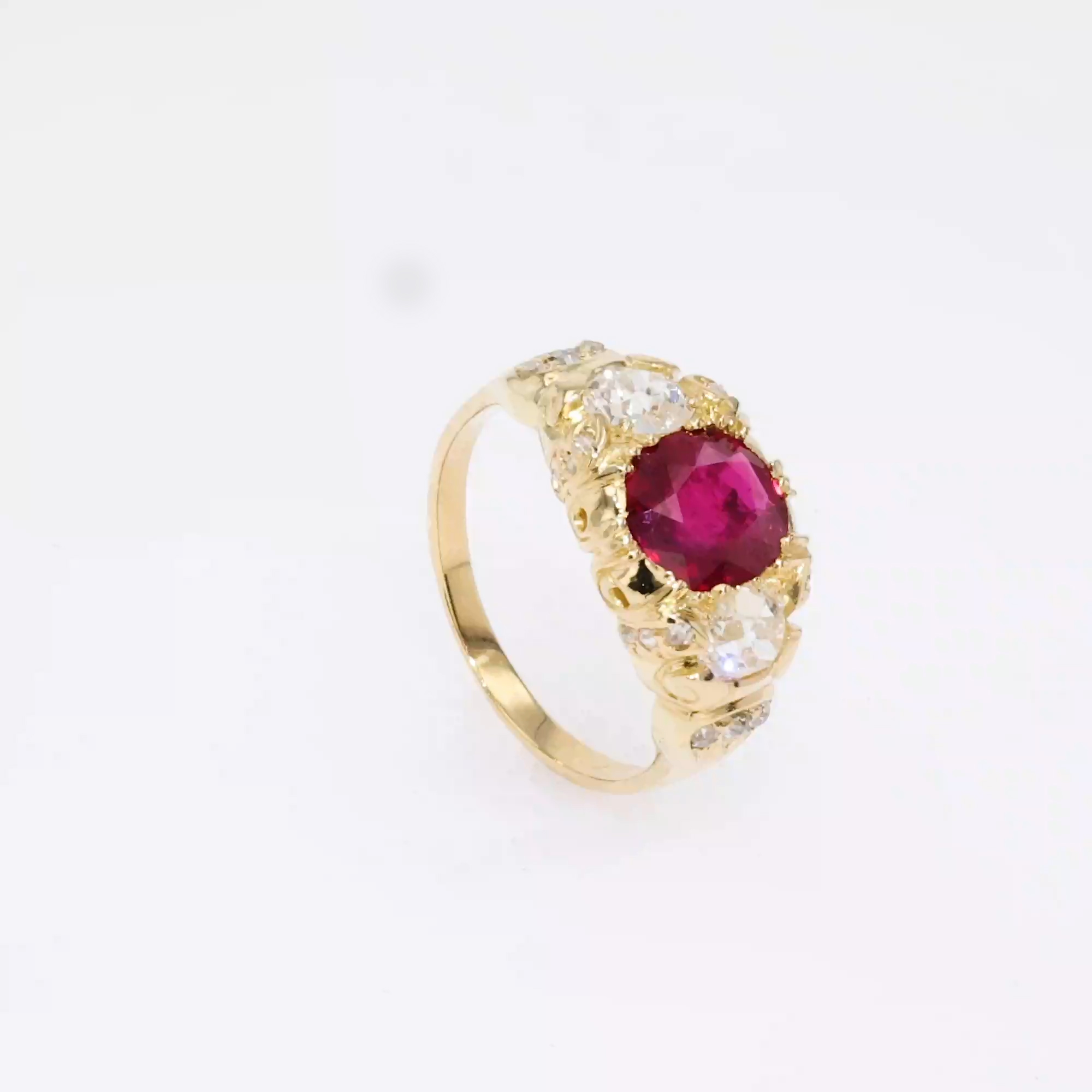 Victorian Burmese Ruby and Diamond Three Stone Ring in 18ct Yellow Gold