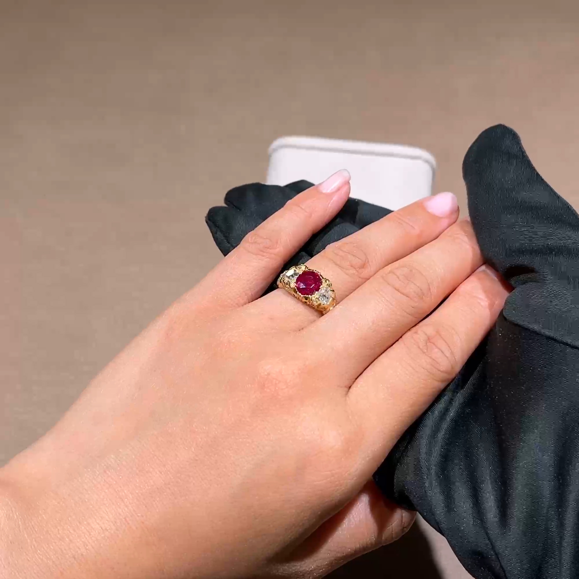 Victorian Burmese Ruby and Diamond Three Stone Ring in 18ct Yellow Gold