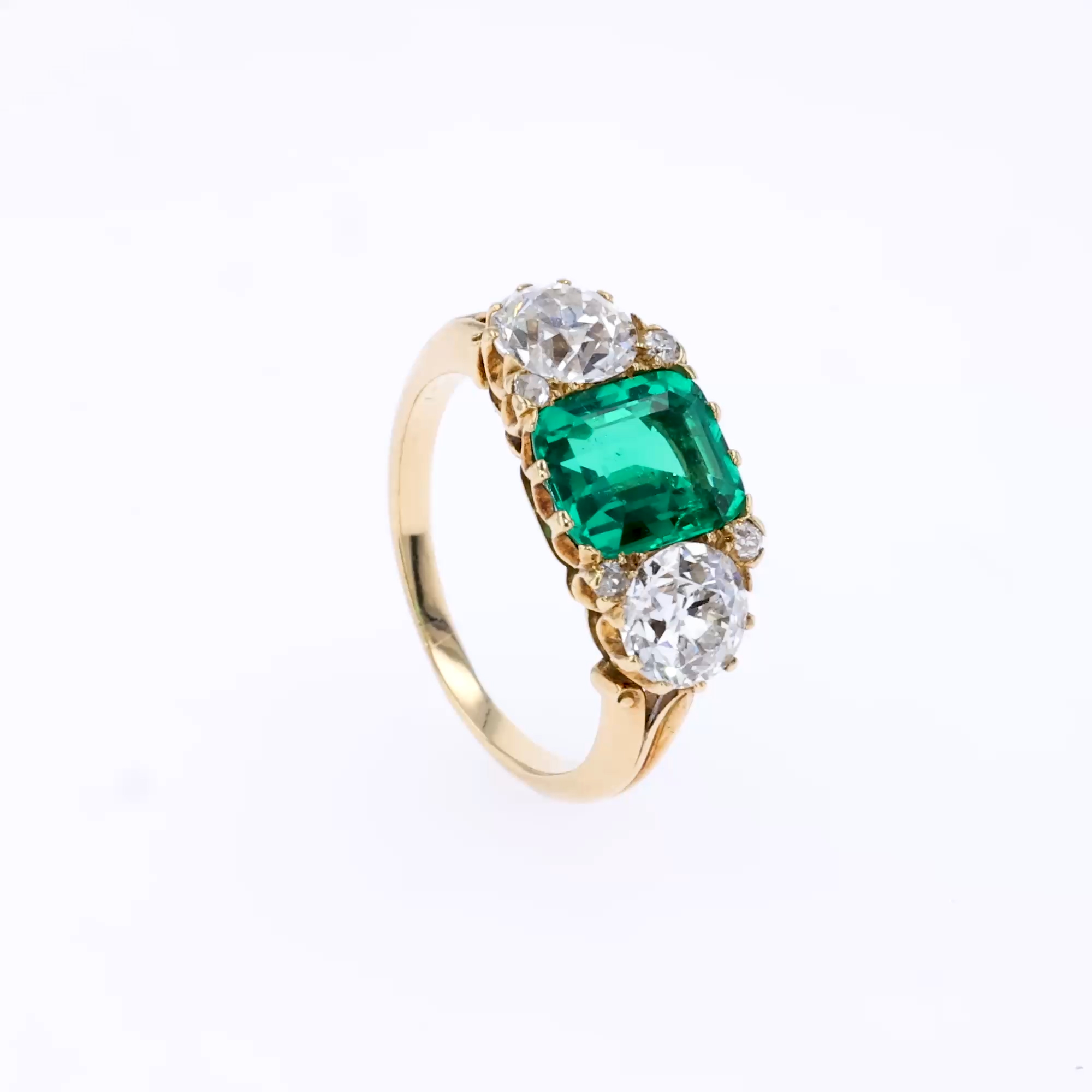 Victorian 2.00ct Emerald and Diamond Three Stone Ring in 18ct Yellow Gold