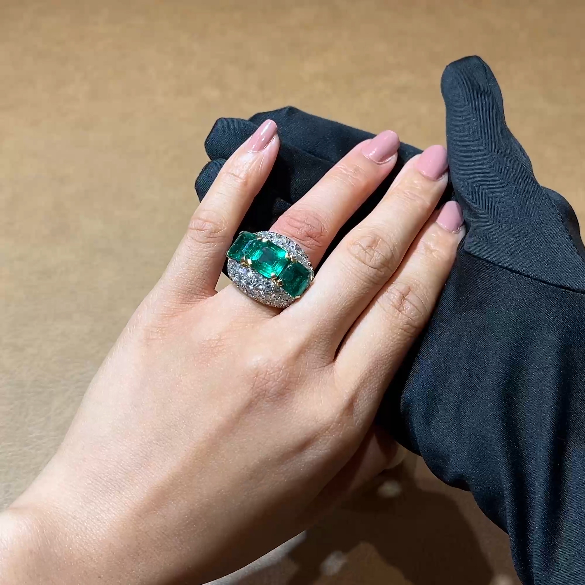 Retro Cartier 7.991ct Colombian Emerald and Diamond Bombé Ring in Platinum