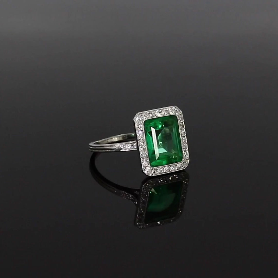 Edwardian 2.80ct Colombian Emerald and Diamond Cluster Ring in Platinum