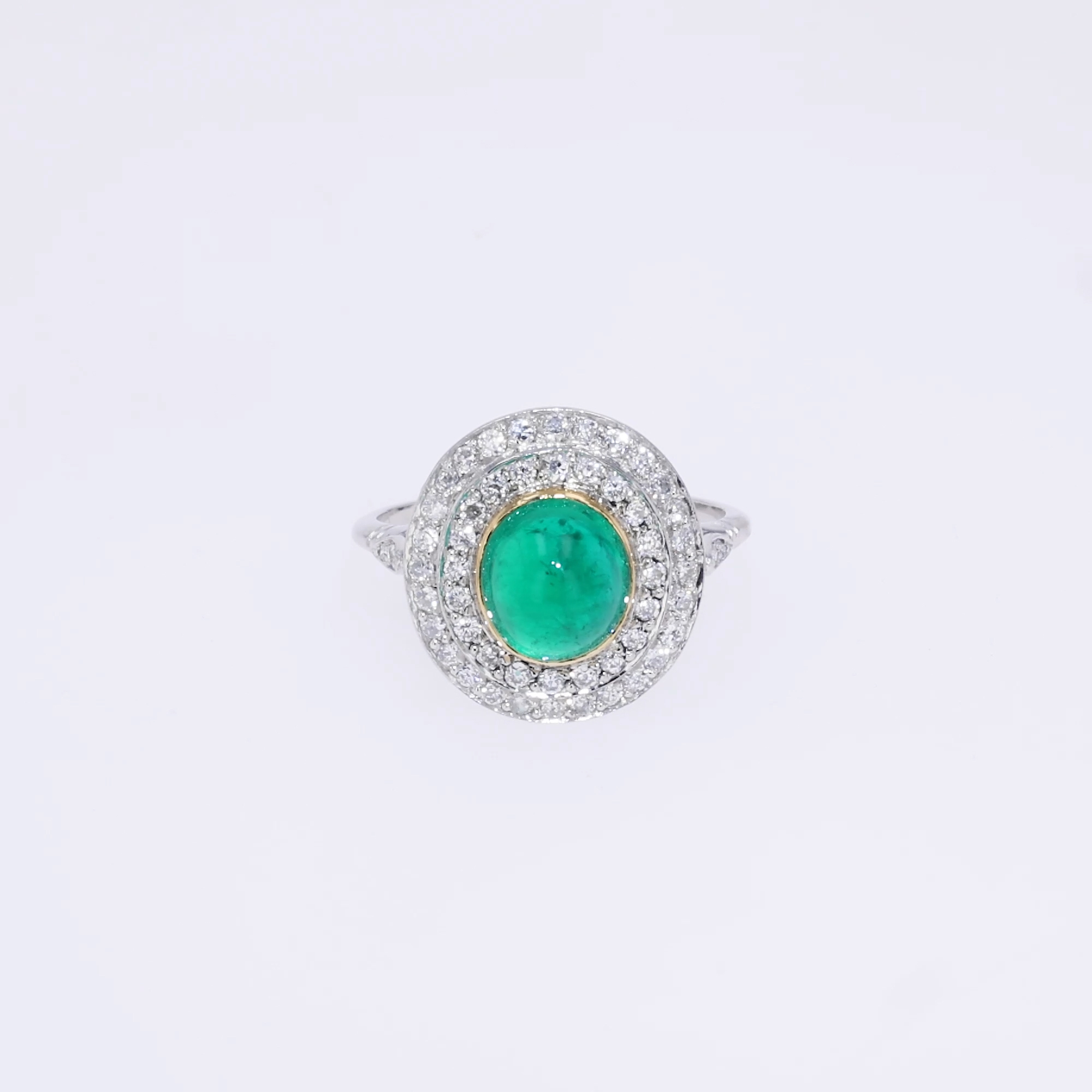 Edwardian Cabochon Colombian Emerald Target Ring 3.00ct in Platinum & Rose Gold
