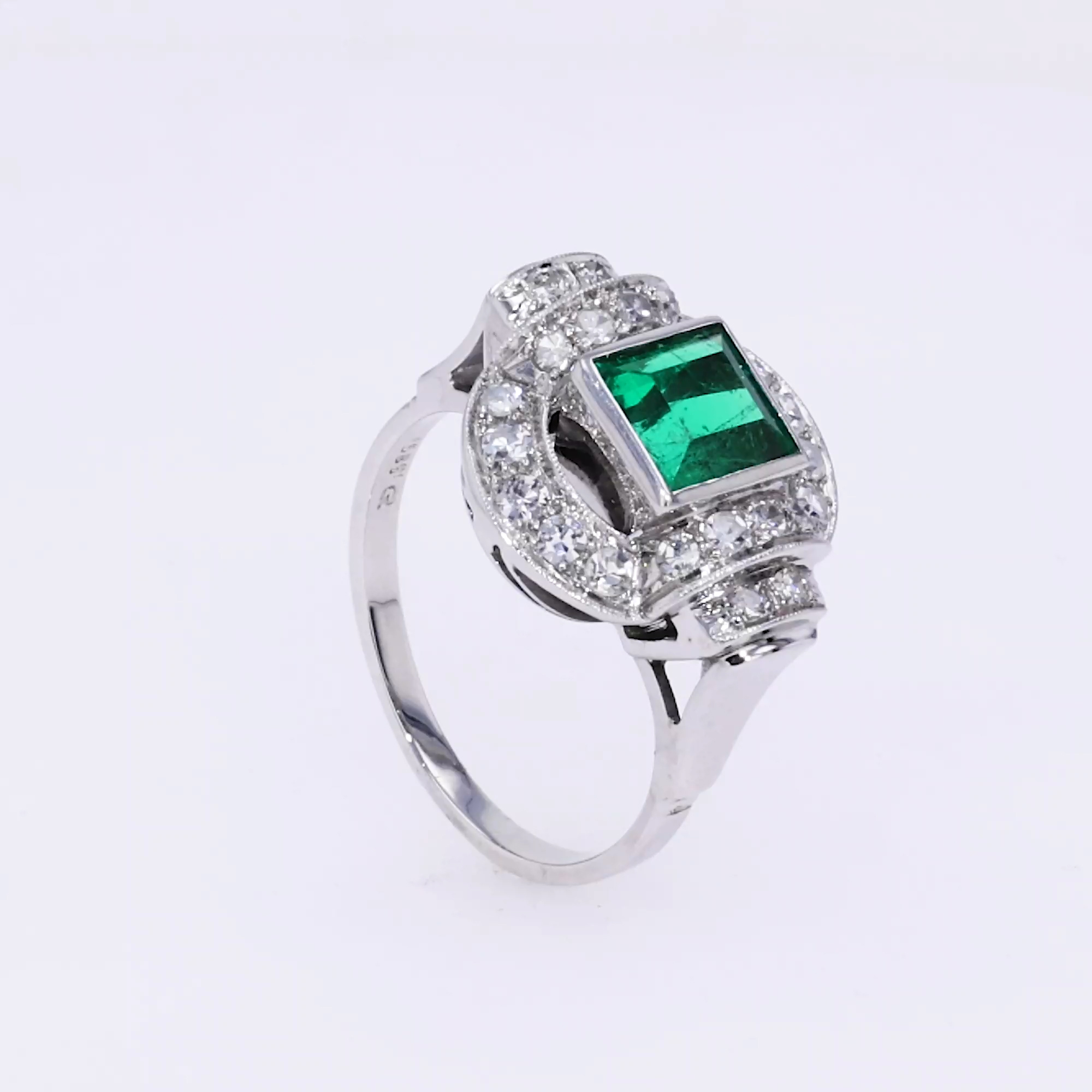 Art Deco Square Step cut Emerald and Diamond Cocktail Ring 1.80ct in 15ct White Gold