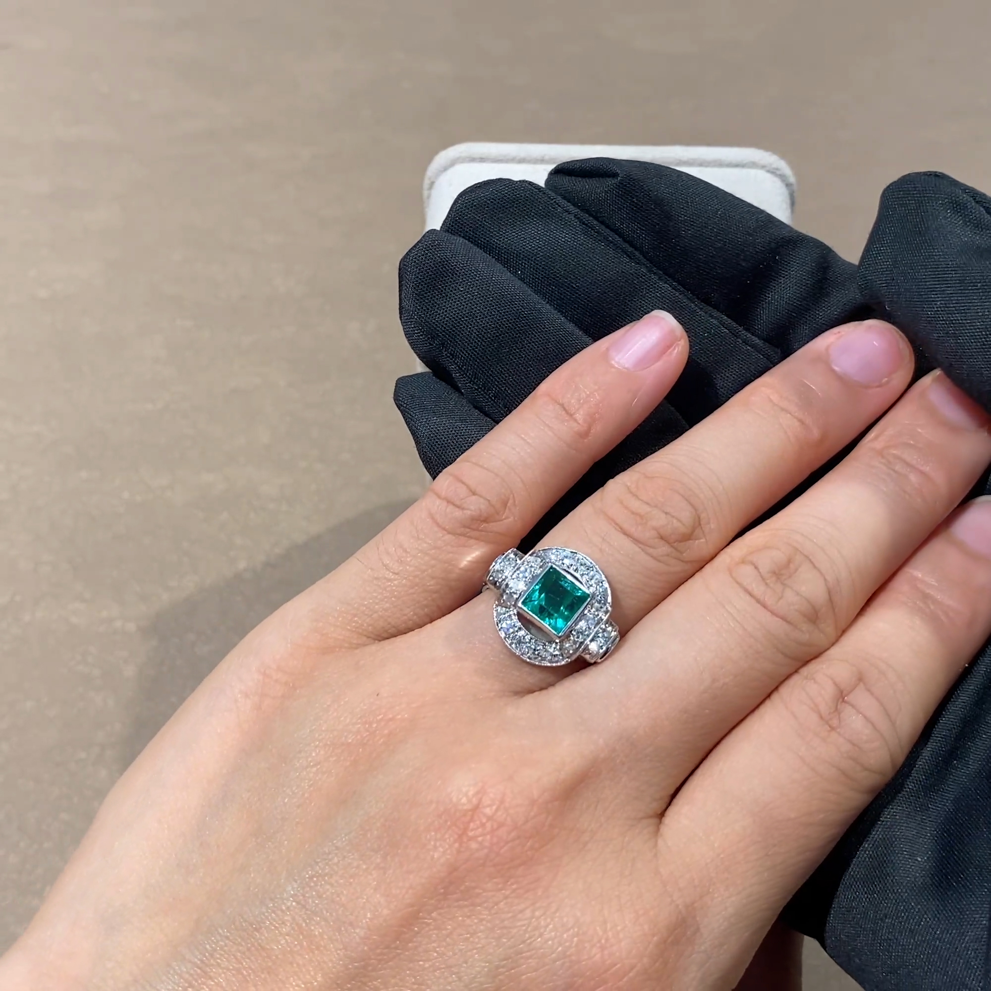 Art Deco Square Step cut Emerald and Diamond Cocktail Ring 1.80ct in 15ct White Gold