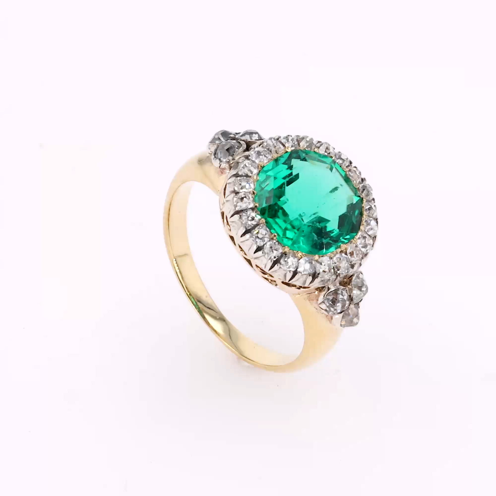 Victorian 2.50ct Colombian Emerald and Diamond Cluster Ring in 18ct Yellow Gold and Silver