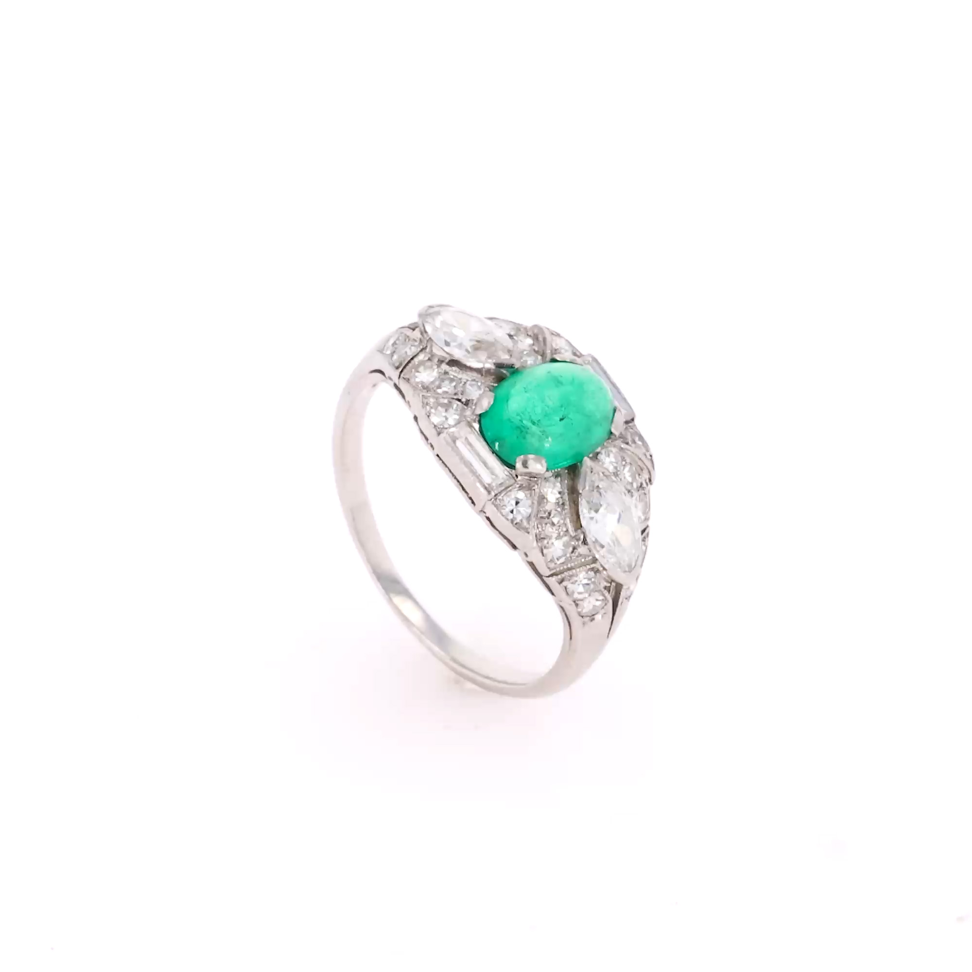 Edwardian Cabochon Cut Emerald and Diamond Ring 