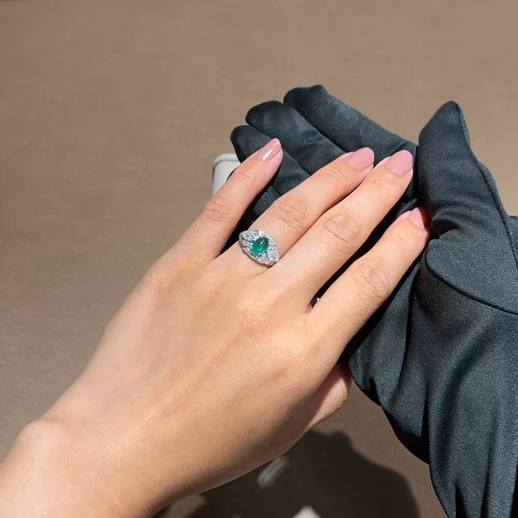 Edwardian Cabochon Cut Emerald and Diamond Ring 