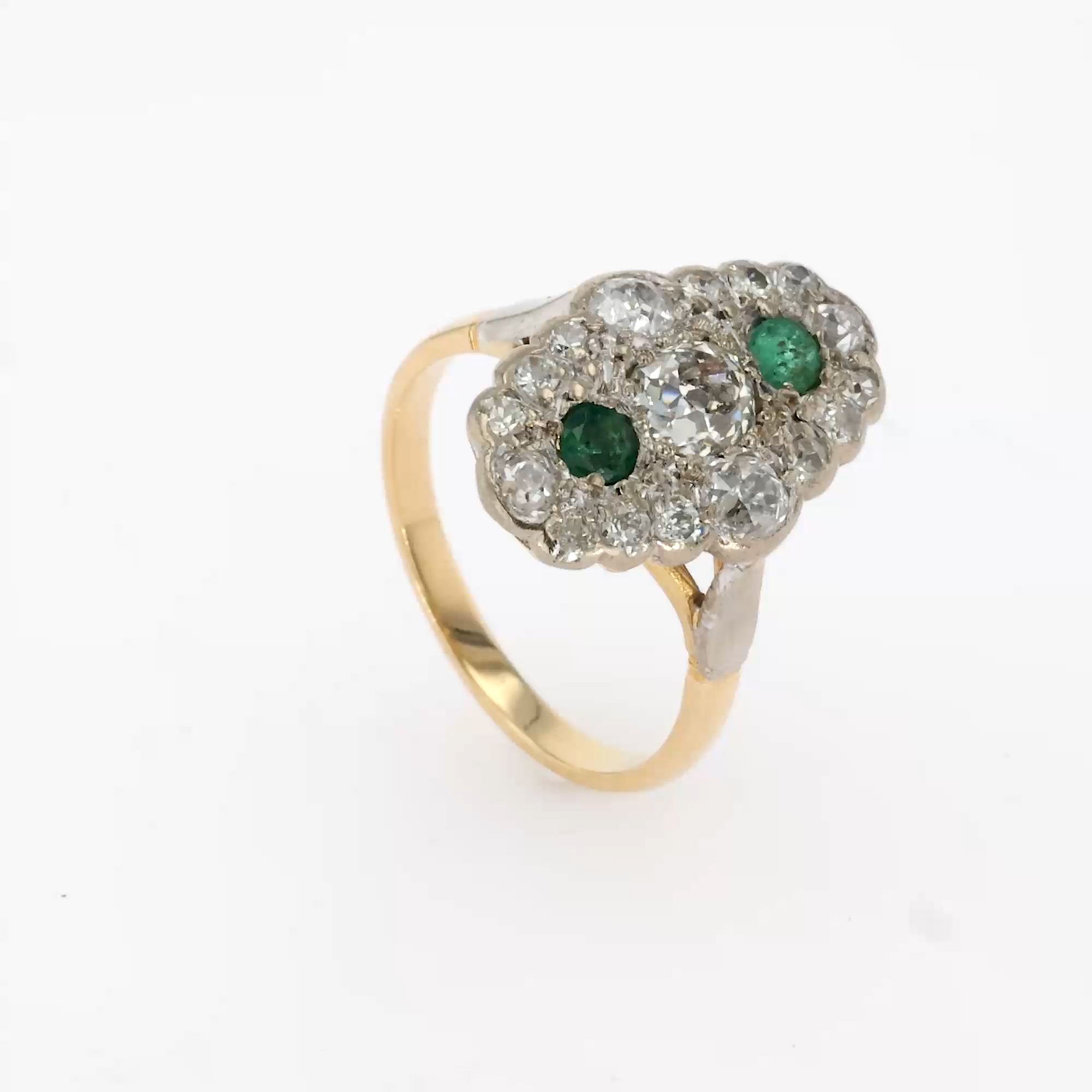 Edwardian Old Cut Emerald and Diamond Dress Ring in 18ct Yellow Gold