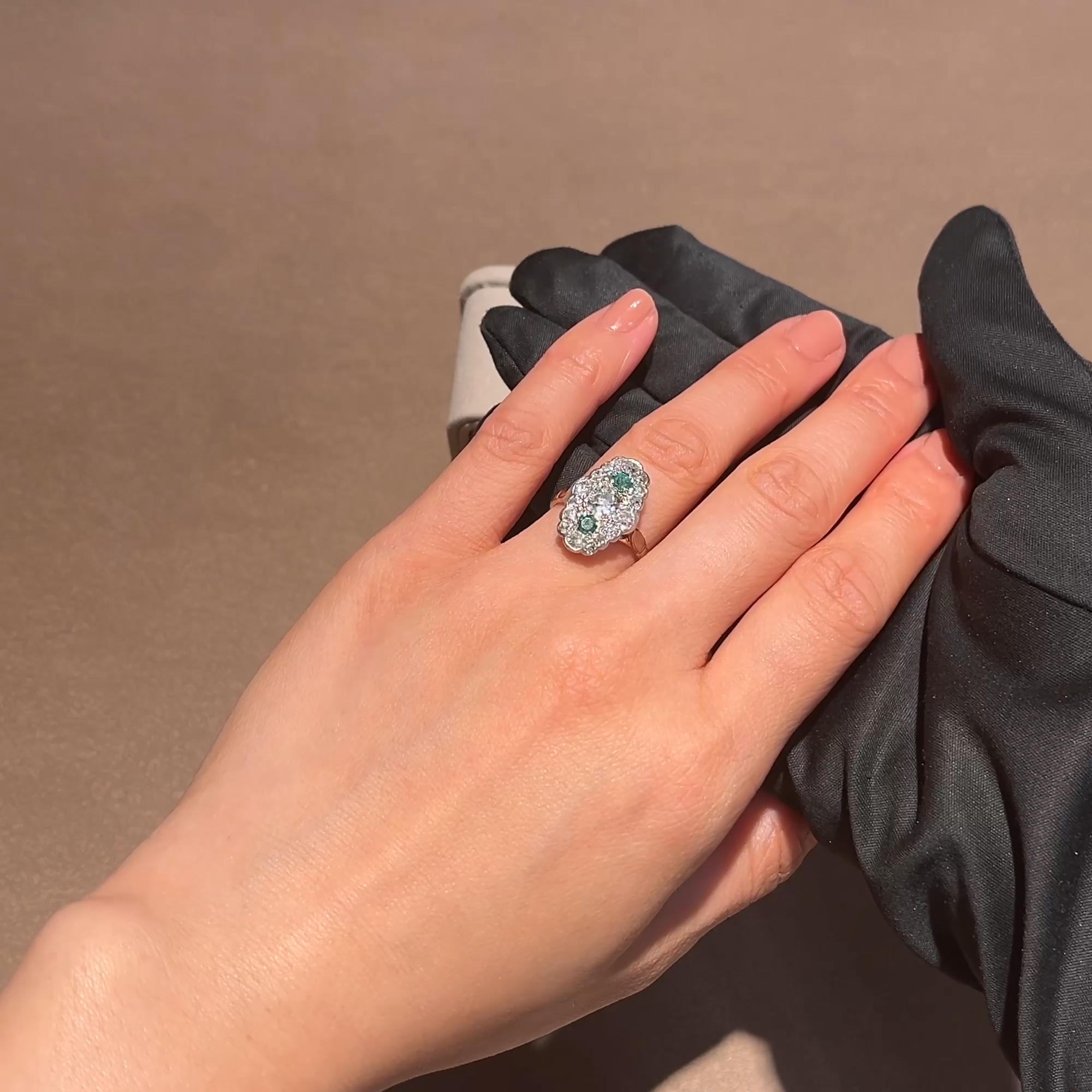 Edwardian Old Cut Emerald and Diamond Dress Ring in 18ct Yellow and White Gold