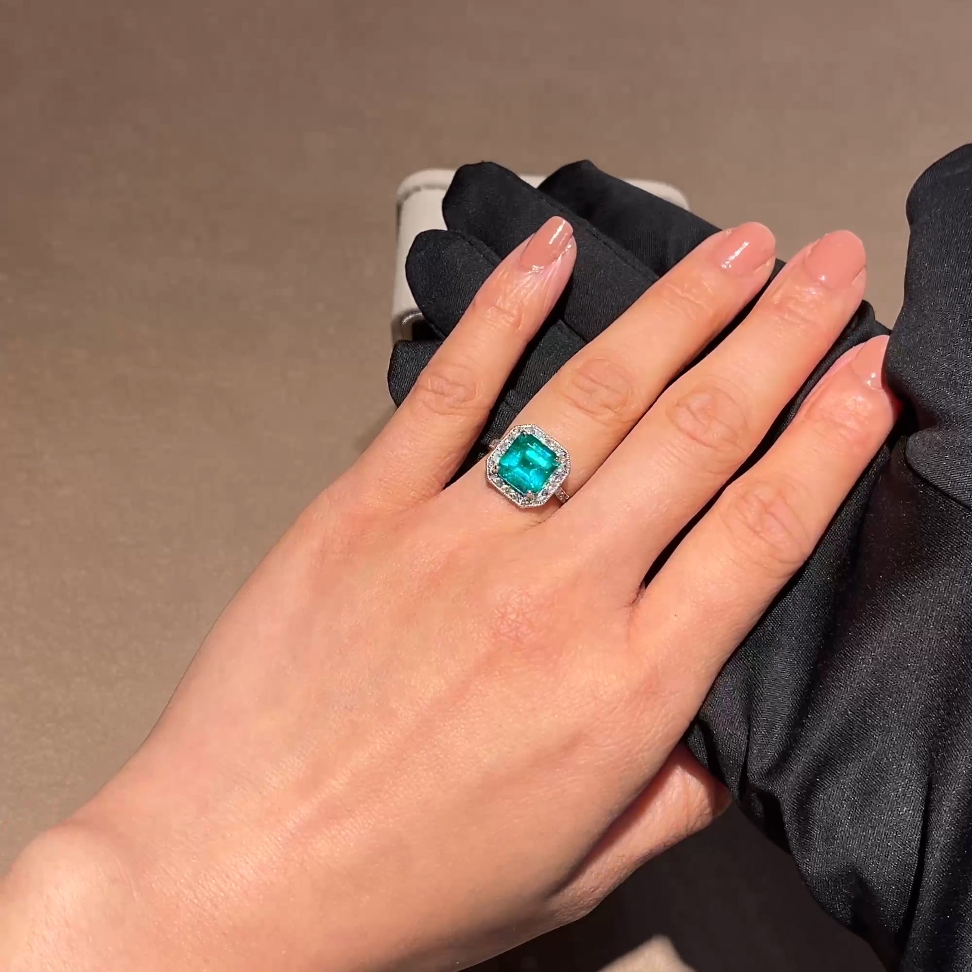 Edwardian Octagonal Cut 3.17ct Emerald and Diamond Ring in Platinum