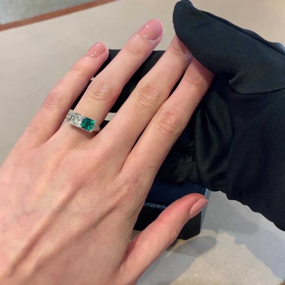Art Deco 1.01ct Diamond and Emerald Two Stone Ring in Platinum