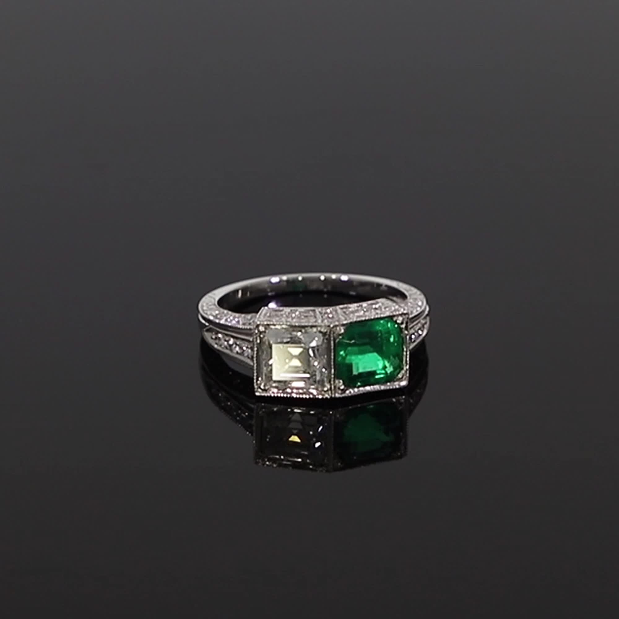 Art Deco 1.01ct Diamond and Emerald Two Stone Ring in Platinum