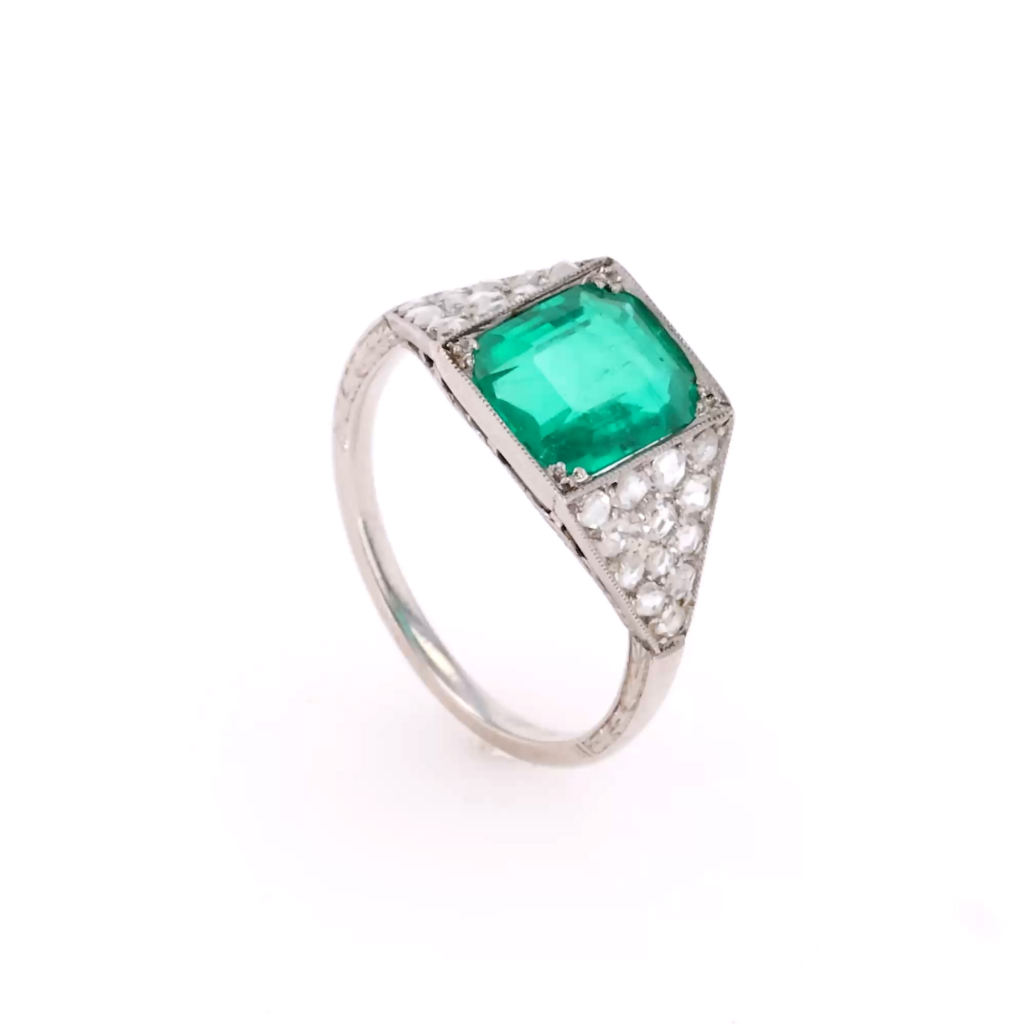 Edwardian Octagonal Cut 1.80ct Emerald and Diamond Ring In Platinum