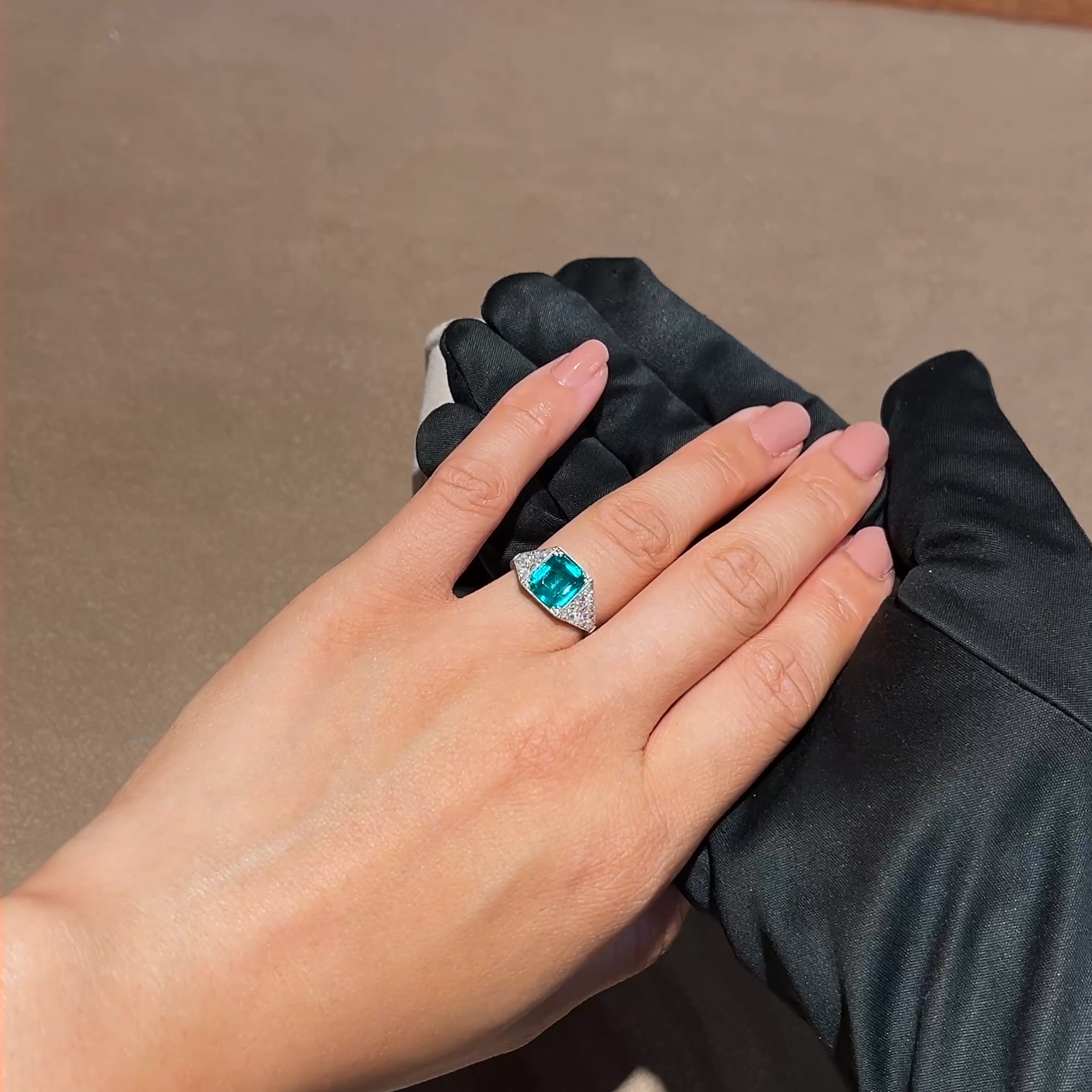 Edwardian Octagonal Cut 1.80ct Emerald and Diamond Ring In Platinum