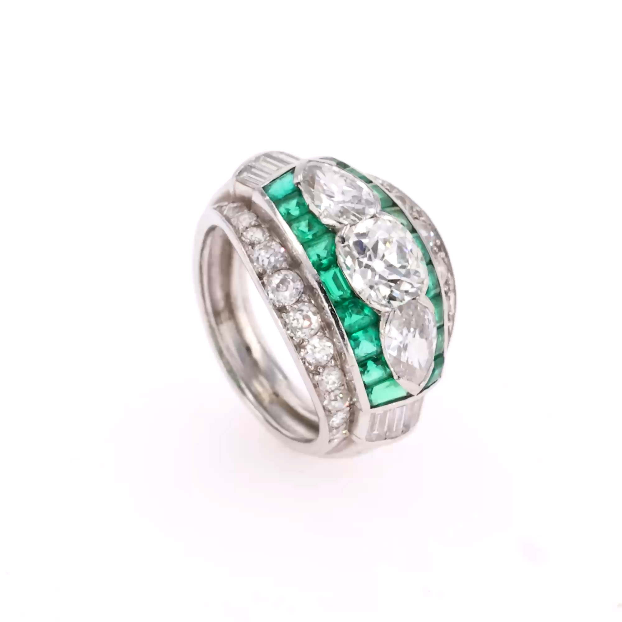 Art Deco Marcus & Co. Old Cut Diamond and Emerald Ring In Platinum