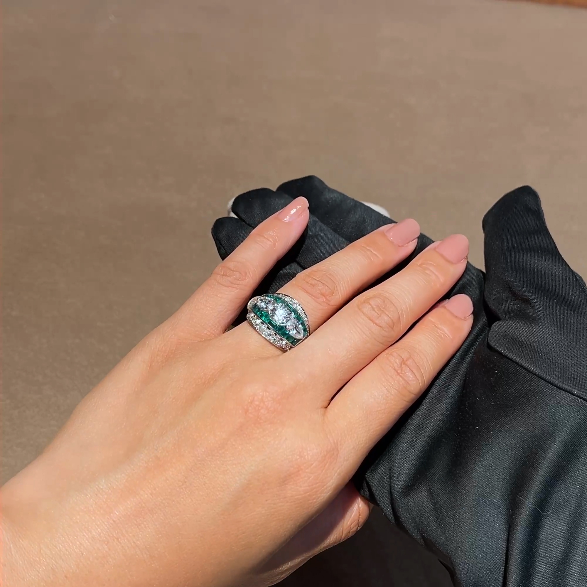 Art Deco Marcus & Co. Old Cut Diamond and Emerald Ring In Platinum