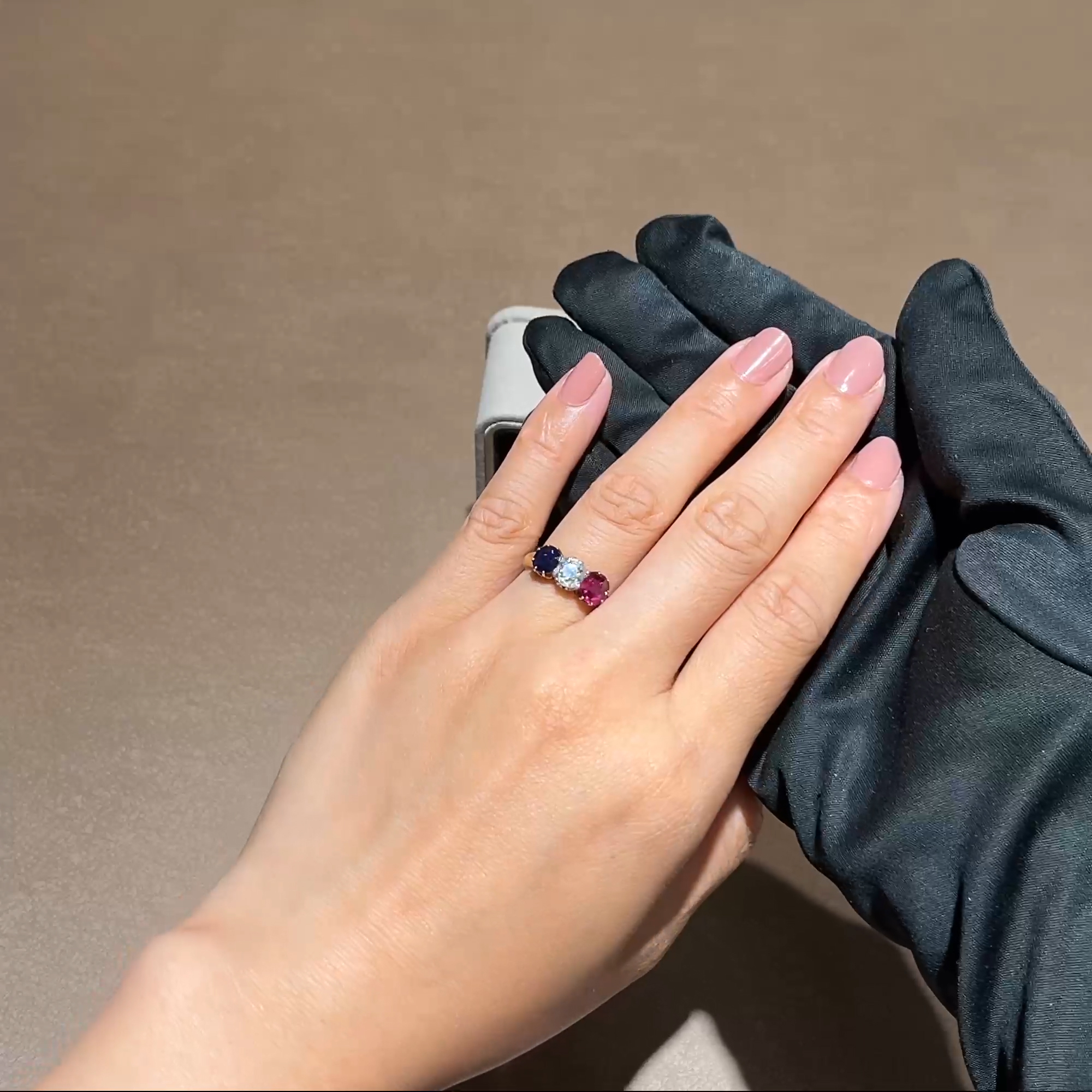 Belle Époque Cushion Cut Diamond, Ruby and Sapphire Ring In 18ct Yellow Gold