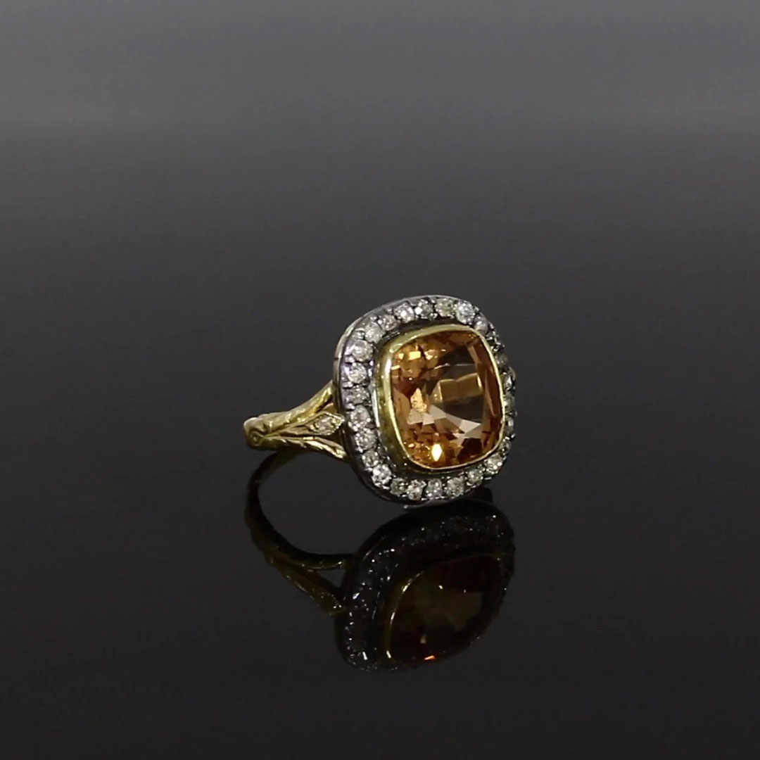 Victorian Cushion Shaped Orange Topaz Ring with Diamond Surround in 18ct Yellow Gold