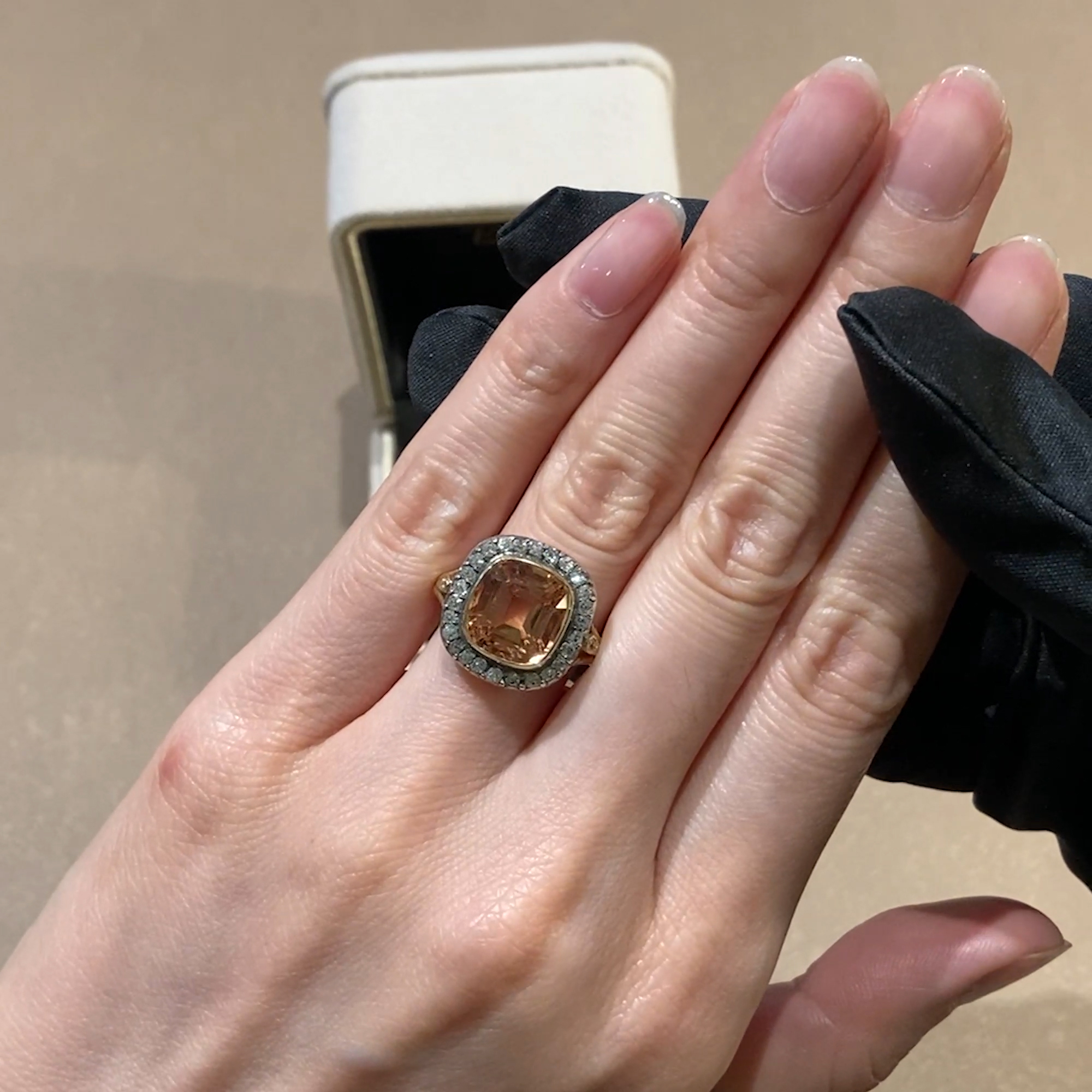 Victorian Cushion Shaped Orange Topaz Ring with Diamond Surround in 18ct Yellow Gold