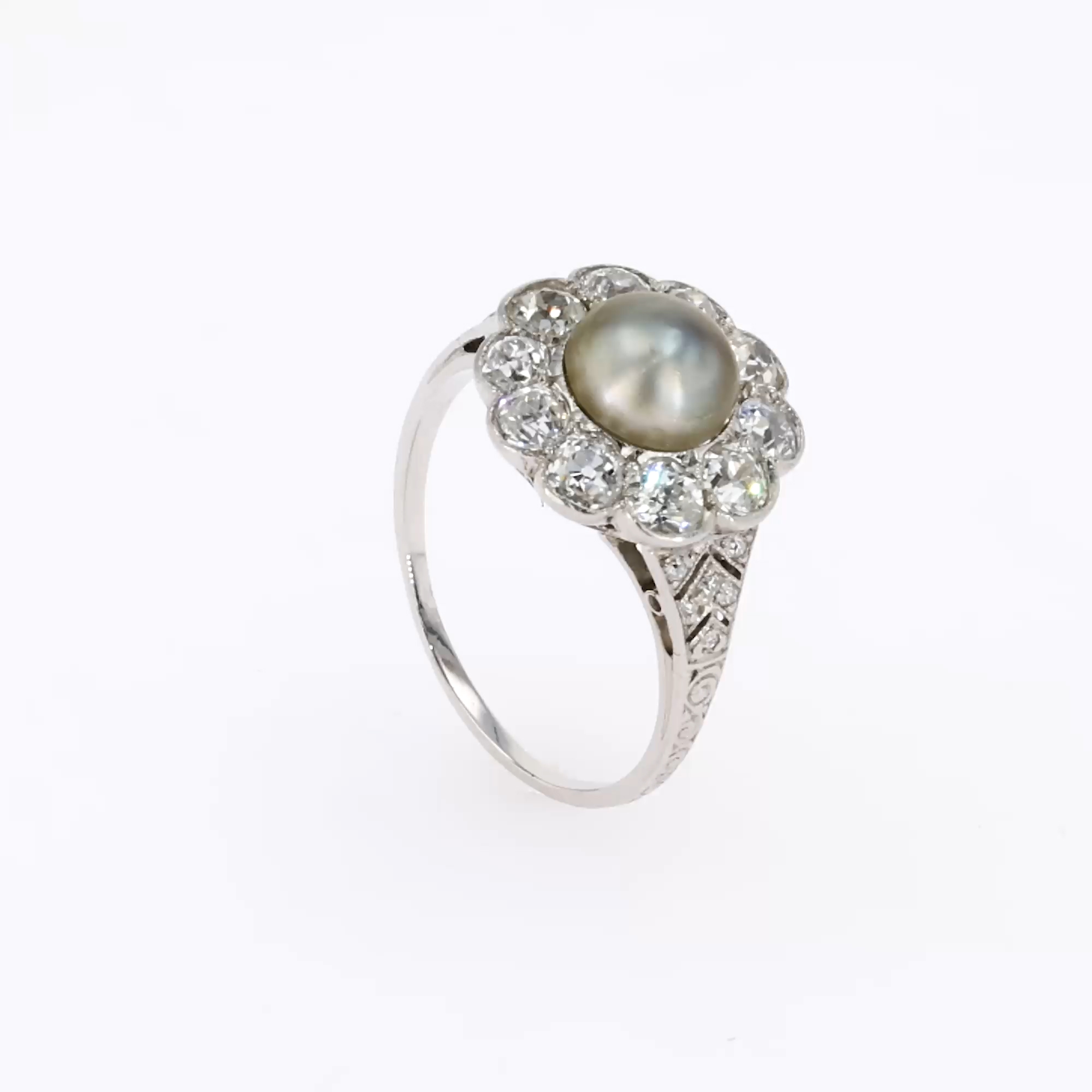 Edwardian Natural Pearl & Diamond Cluster Ring in Platinum