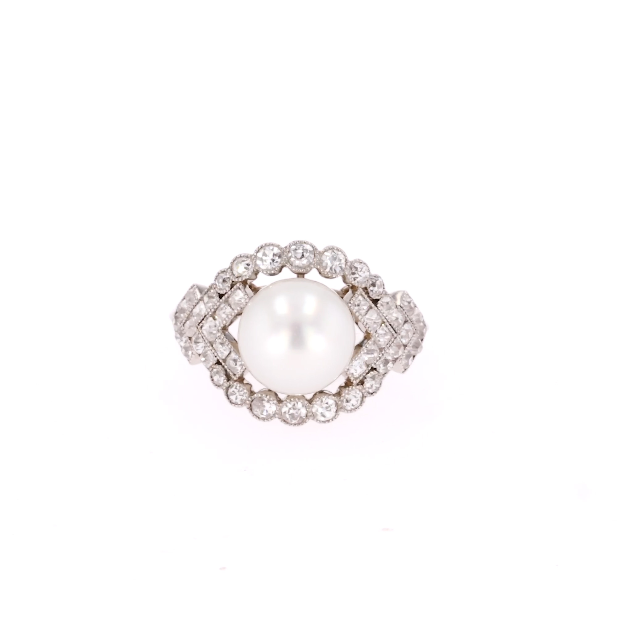 Edwardian Cartier Natural Saltwater Pearl and Diamond Ring In Platinum