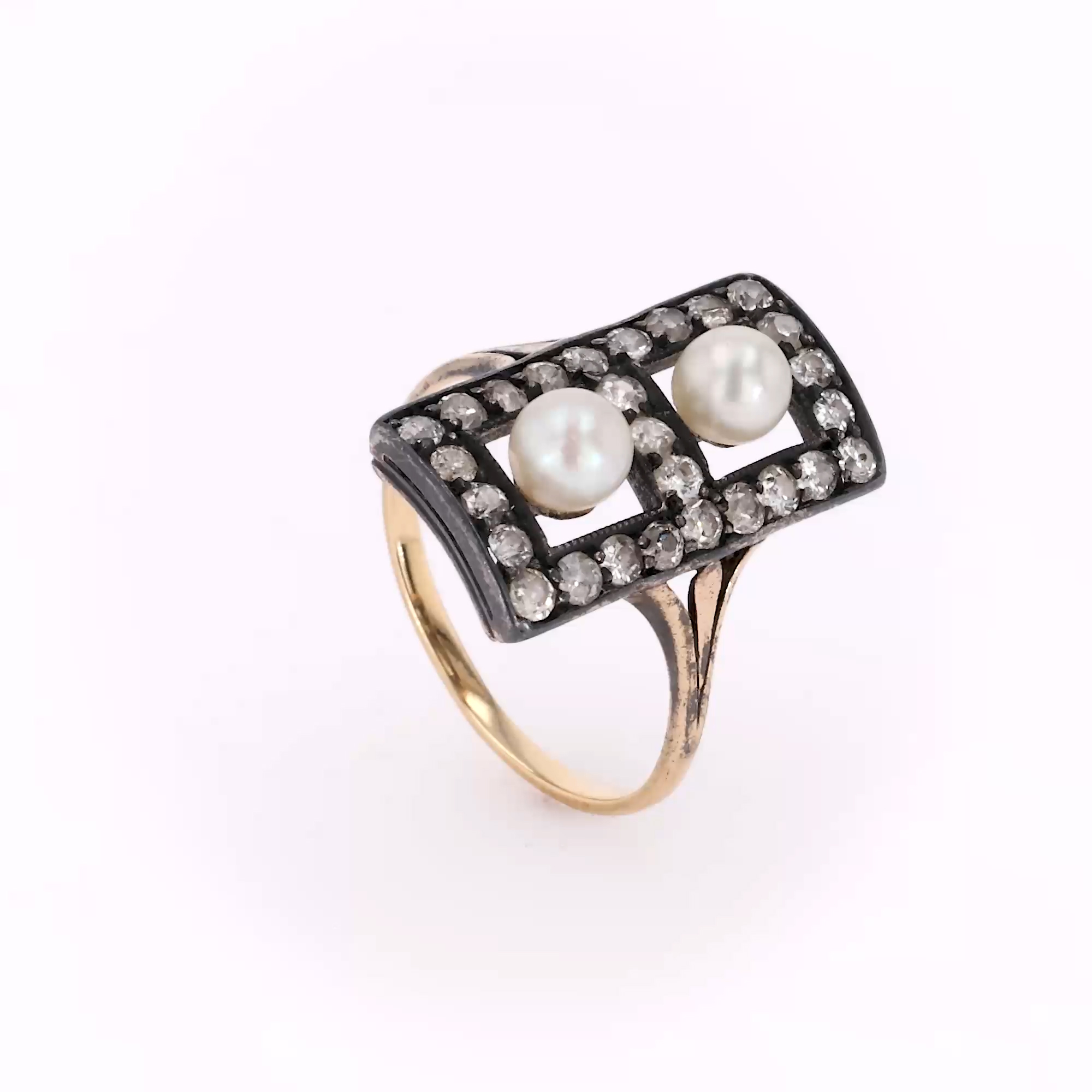 Victorian Pearl and Diamond Plaque Ring in Yellow Gold and Blackened Silver