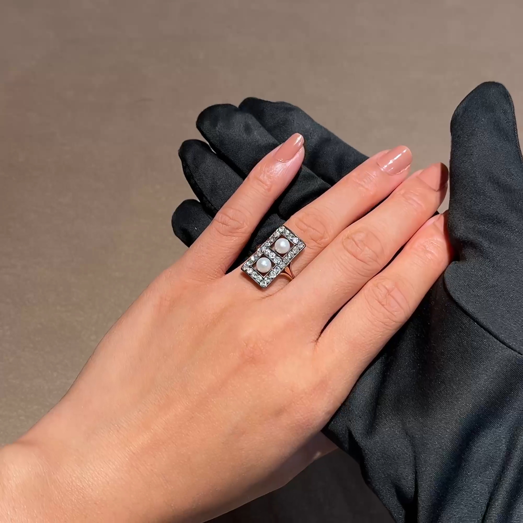 Victorian Pearl and Diamond Plaque Ring in Yellow Gold and Blackened Silver