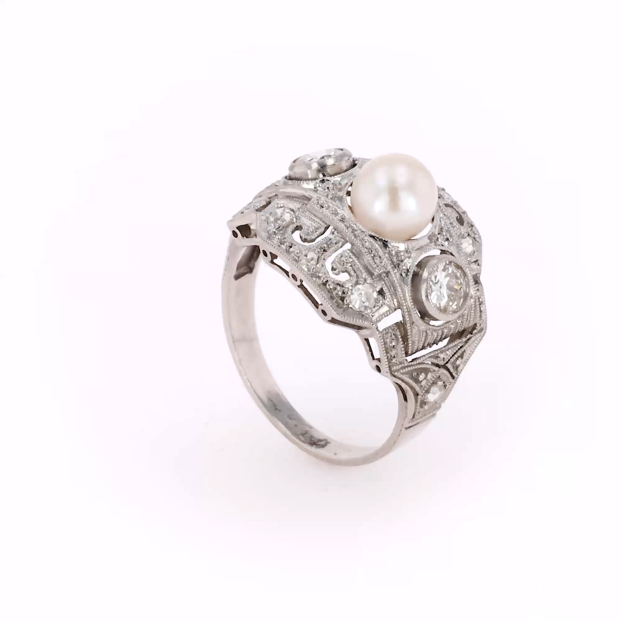 Edwardian Pearl and Old European Cut Diamond Curved Plaque Ring
