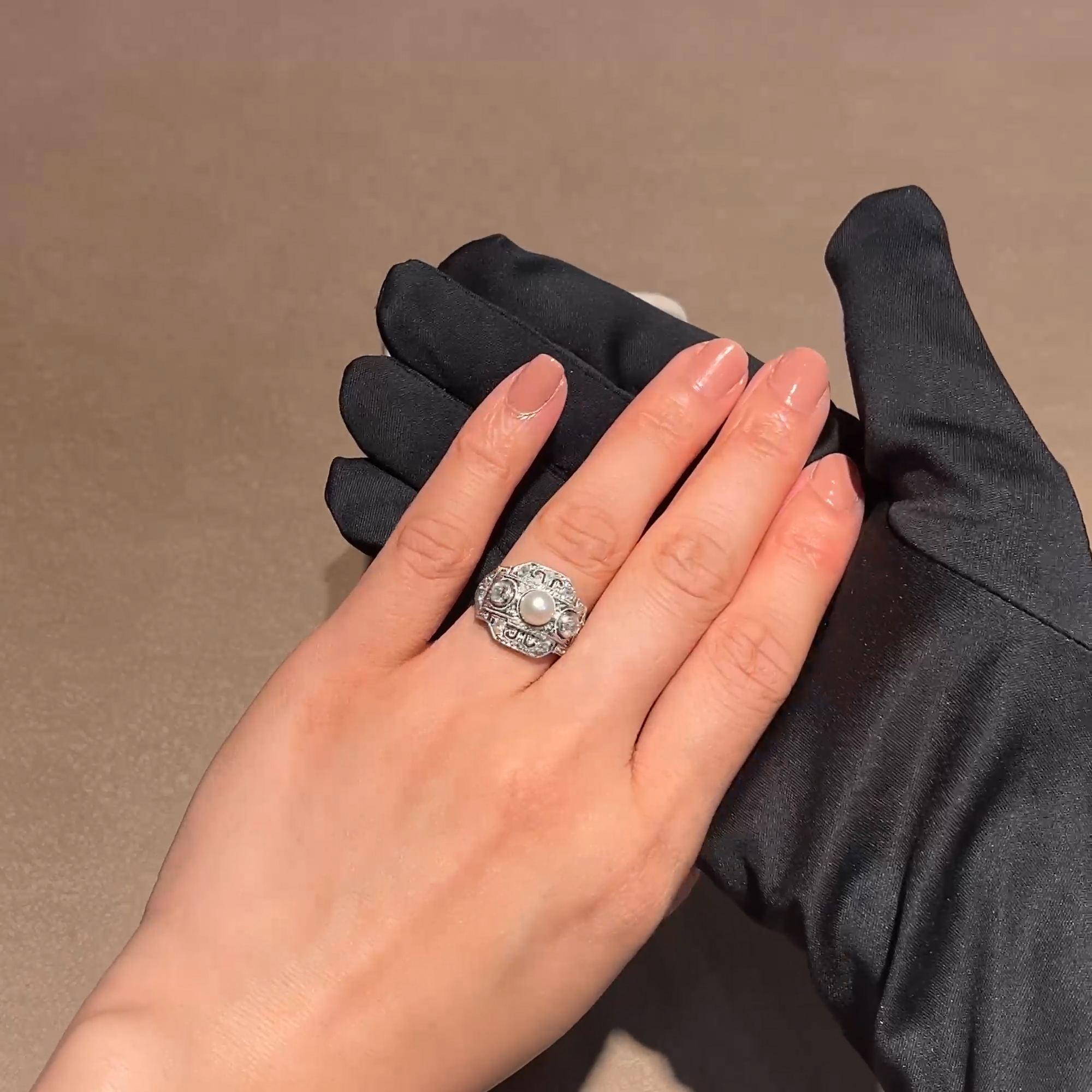 Edwardian Pearl and Old European Cut Diamond Curved Plaque Ring 