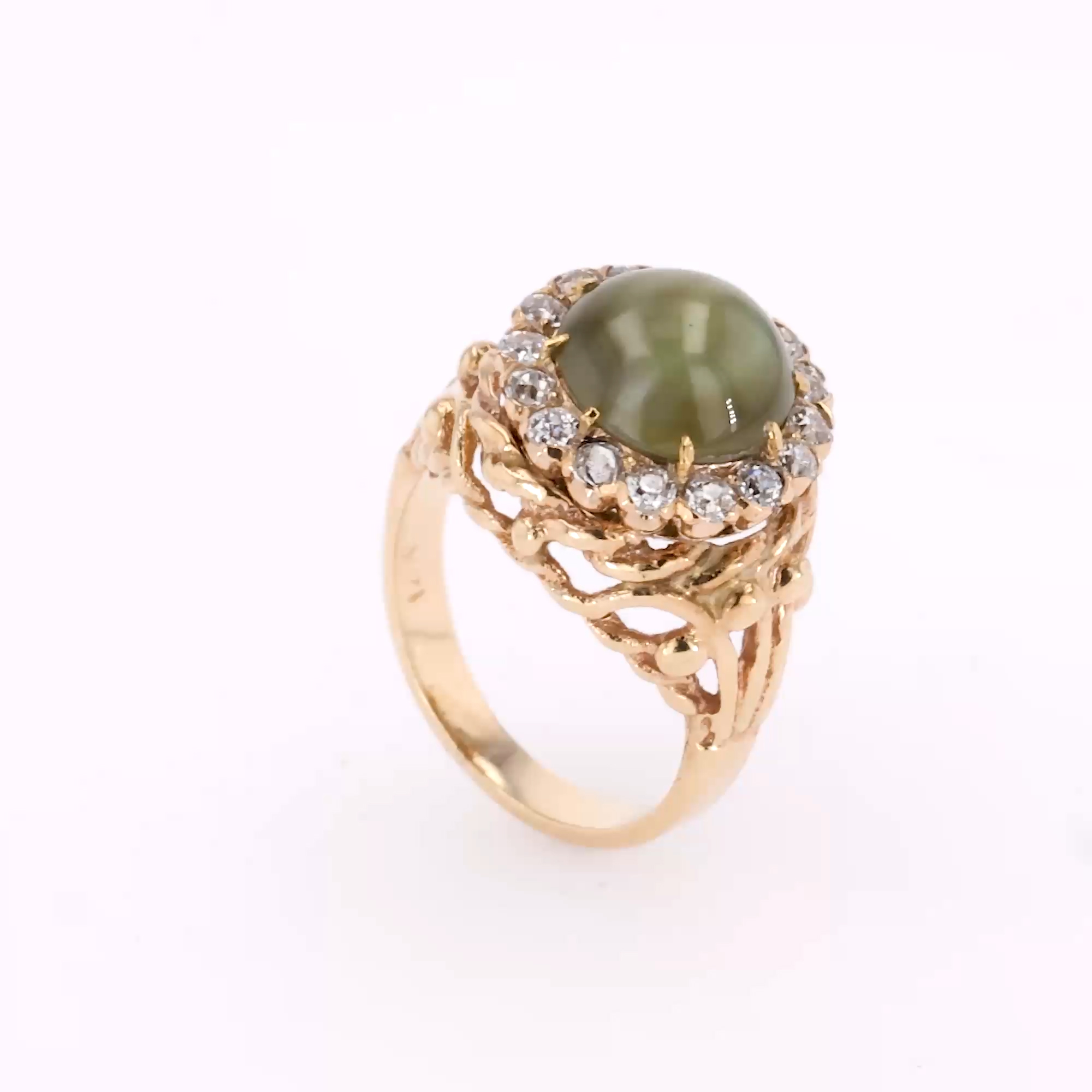 Cabochon Cut Green Cats Eye and Diamond Ring in 14ct Yellow Gold