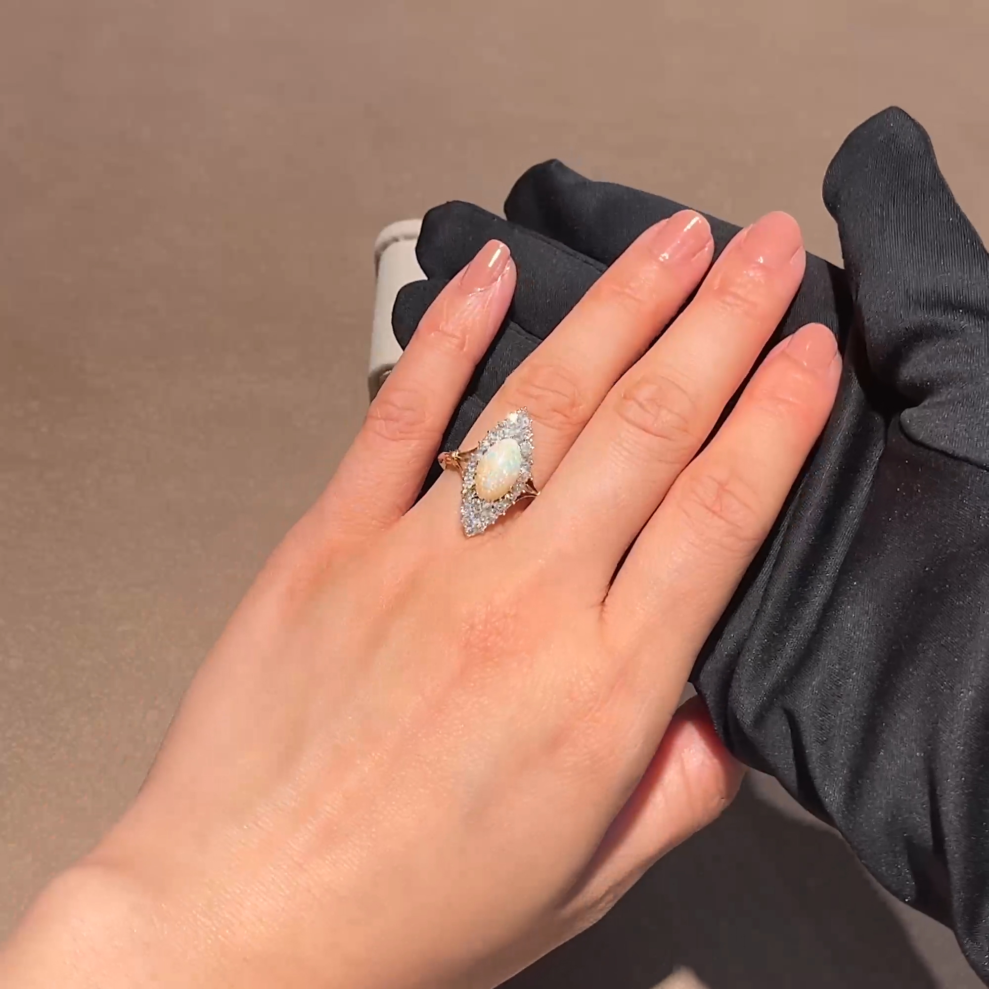 Edwardian Cabochon Cut Opal and Diamond Navette Cluster Ring in 18ct Yellow Gold