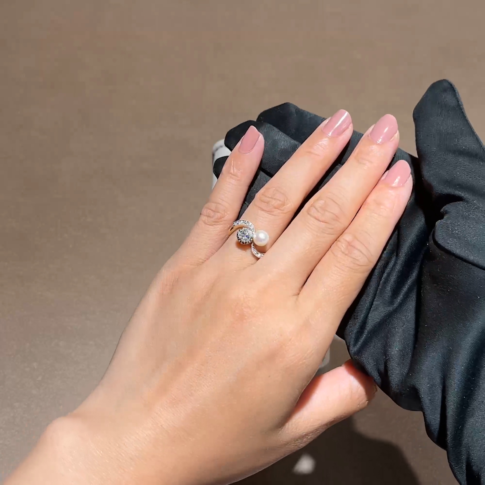 Cushion Cut Diamond and Pearl Toi et Moi Ring in 18ct Yellow Gold