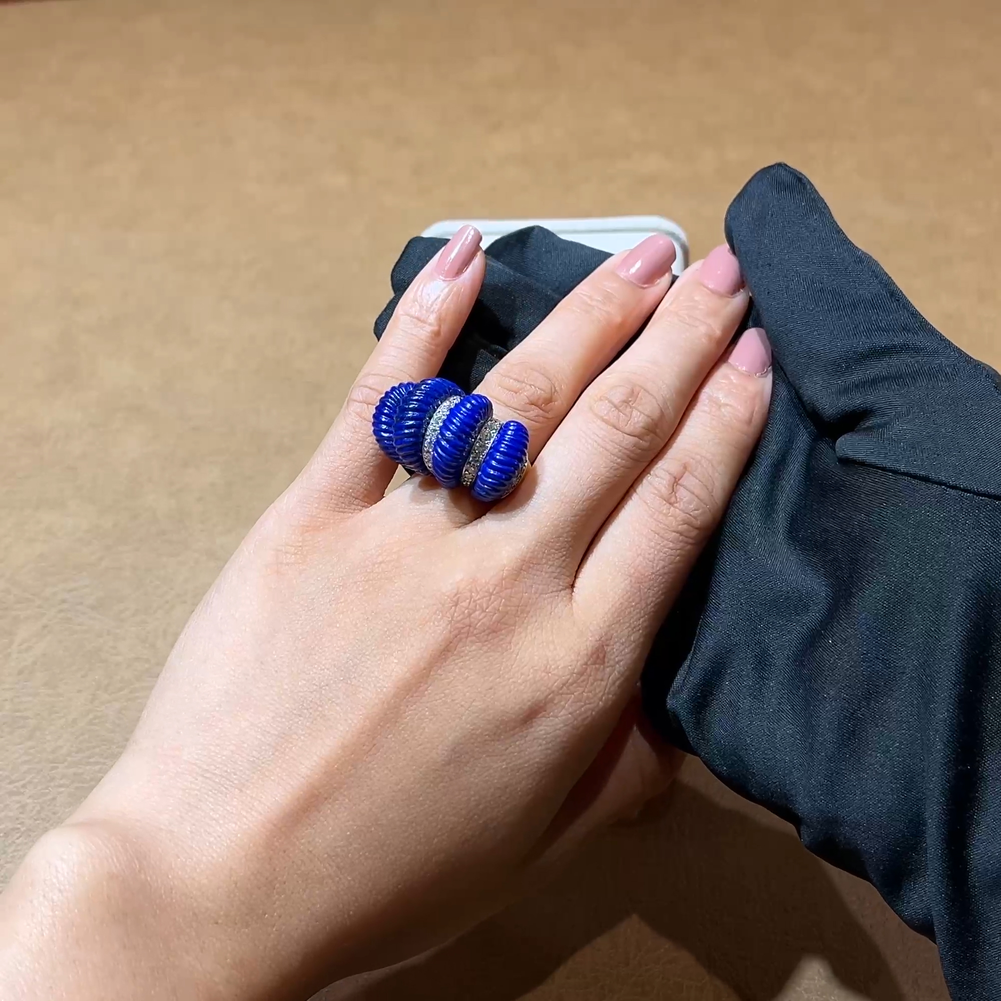 Retro Cartier Lapis Lazuli and Diamond Cocktail Ring in 18ct Yellow Gold