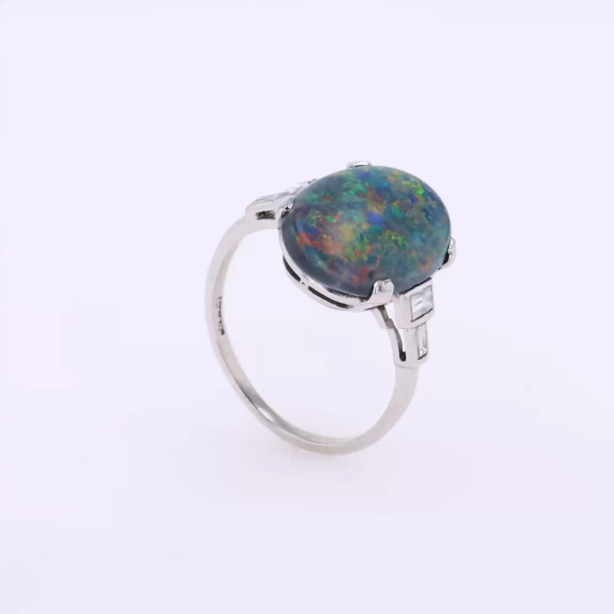 Cabochon Cut Black Opal and Diamond Ring in Platinum