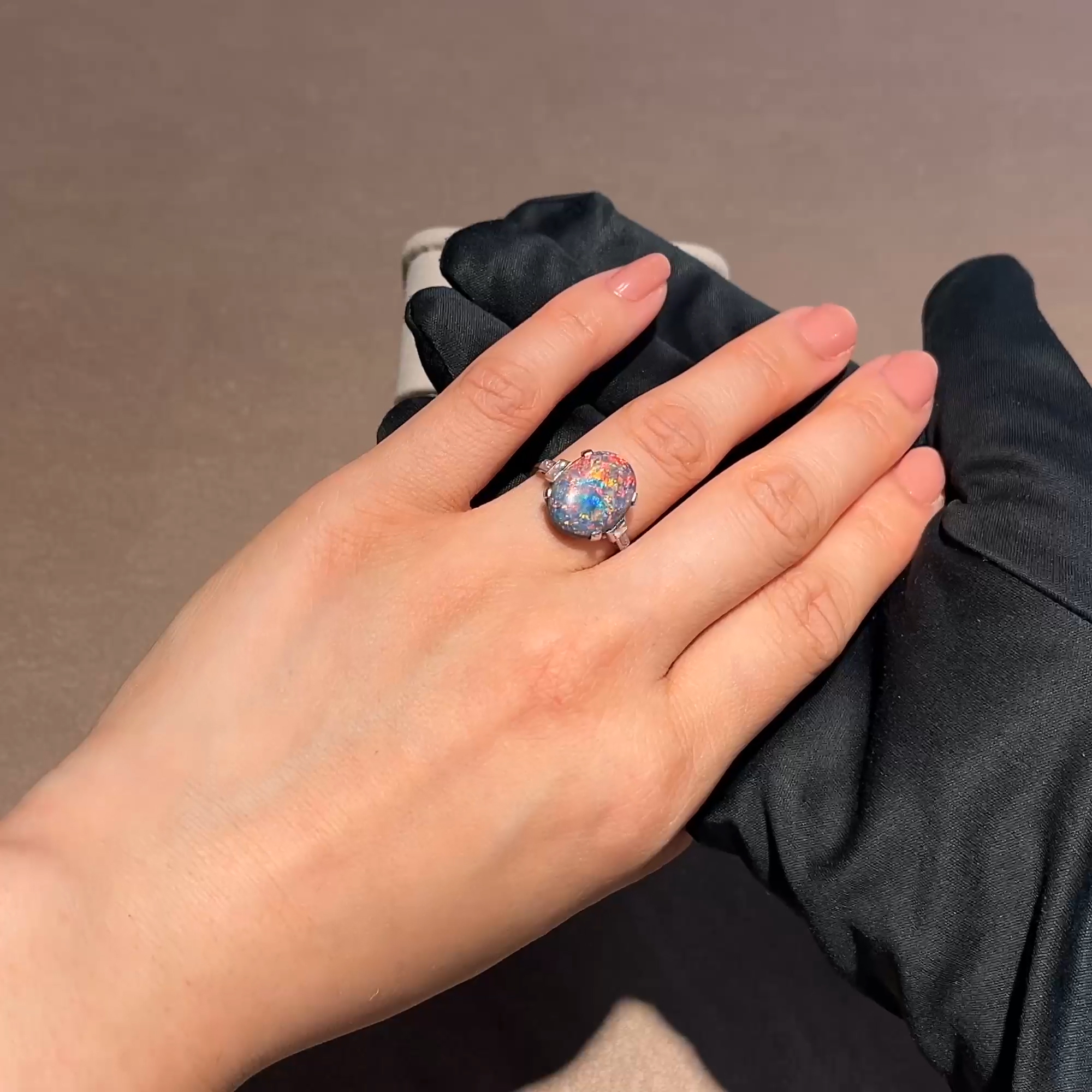 Cabochon Cut Black Opal and Diamond Ring in Platinum