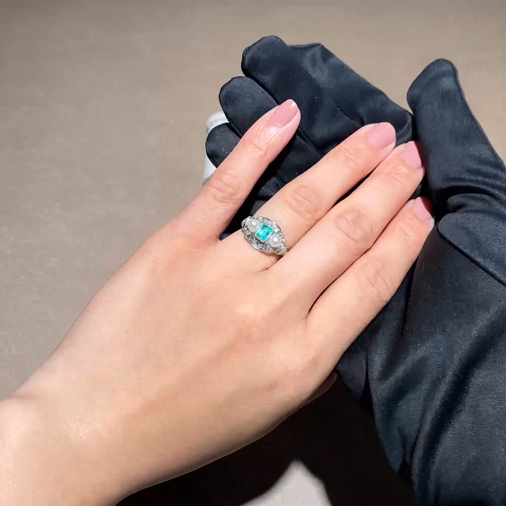 Edwardian 0.46ct Emerald Cut Emerald, Pearl and Diamond Ring in Platinum