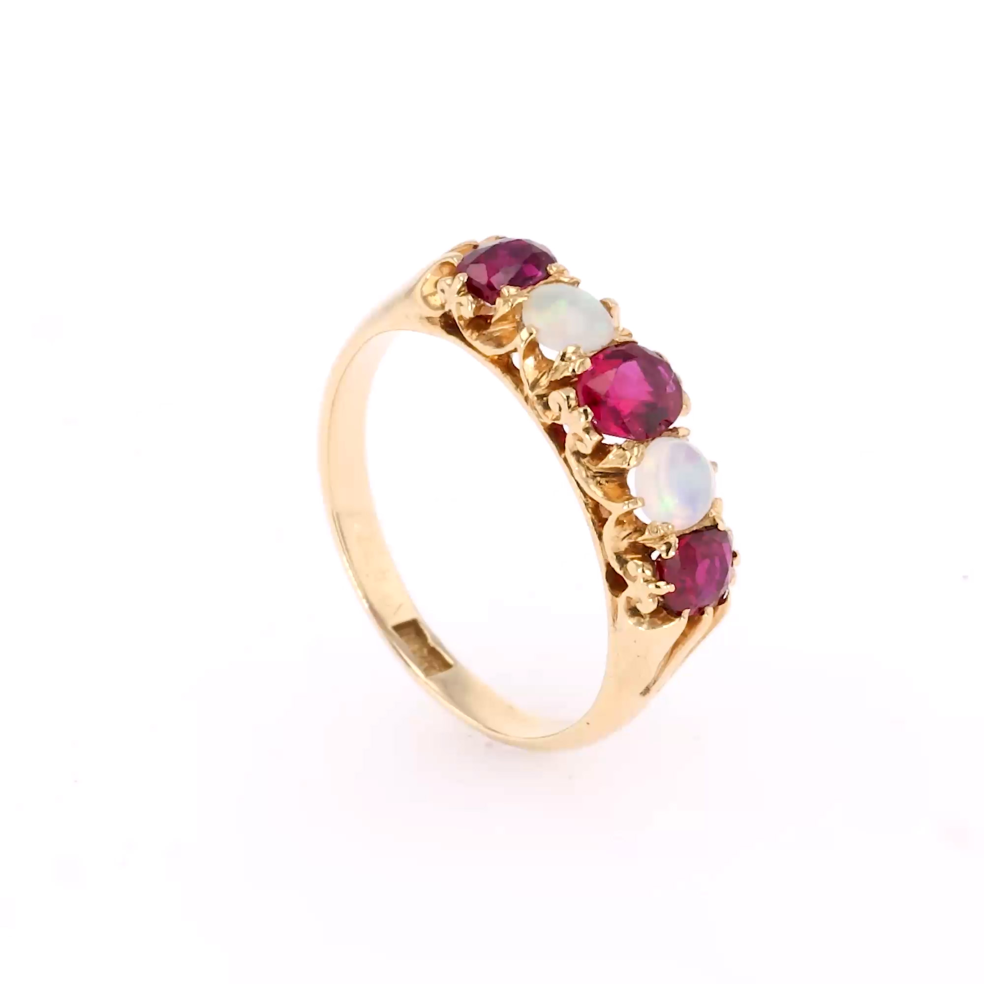 Cushion Cut Ruby and Opal Five Stone Ring in 18ct Yellow Gold