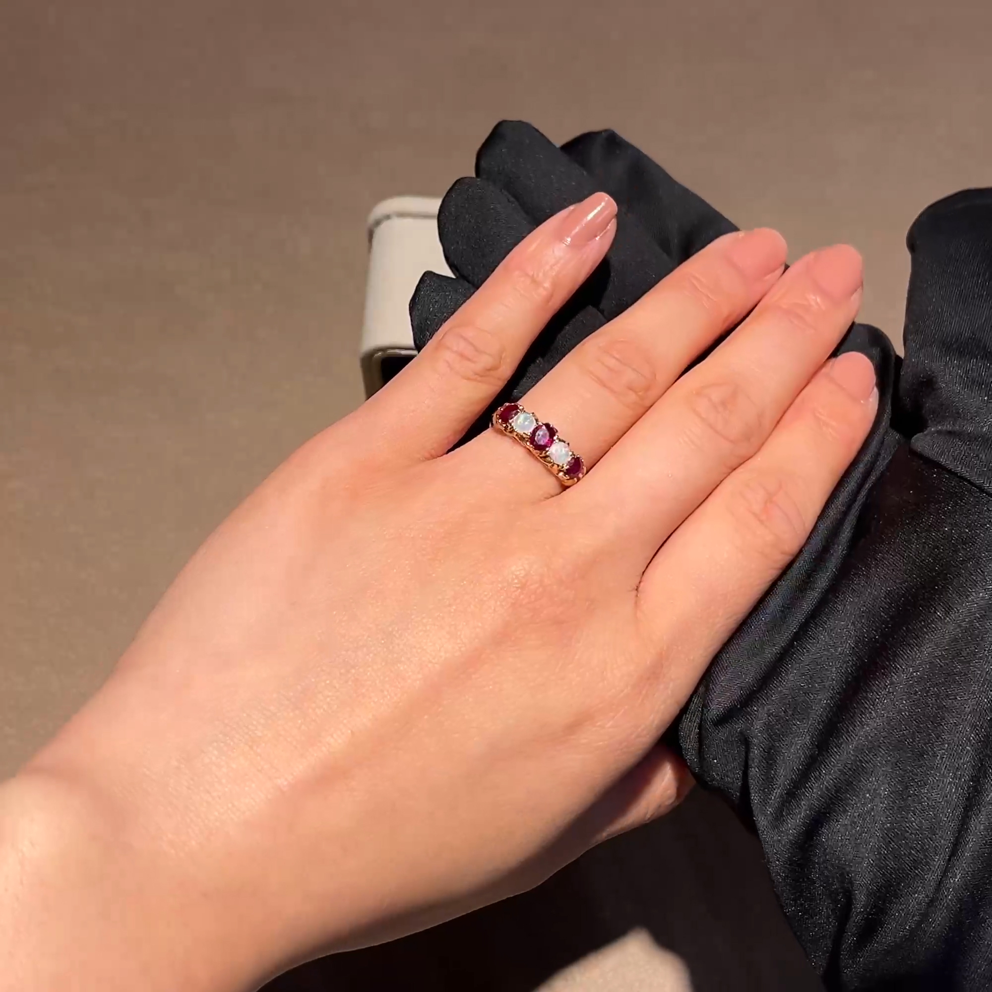 Cushion Cut Ruby and Opal Five Stone Ring in 18ct Yellow Gold