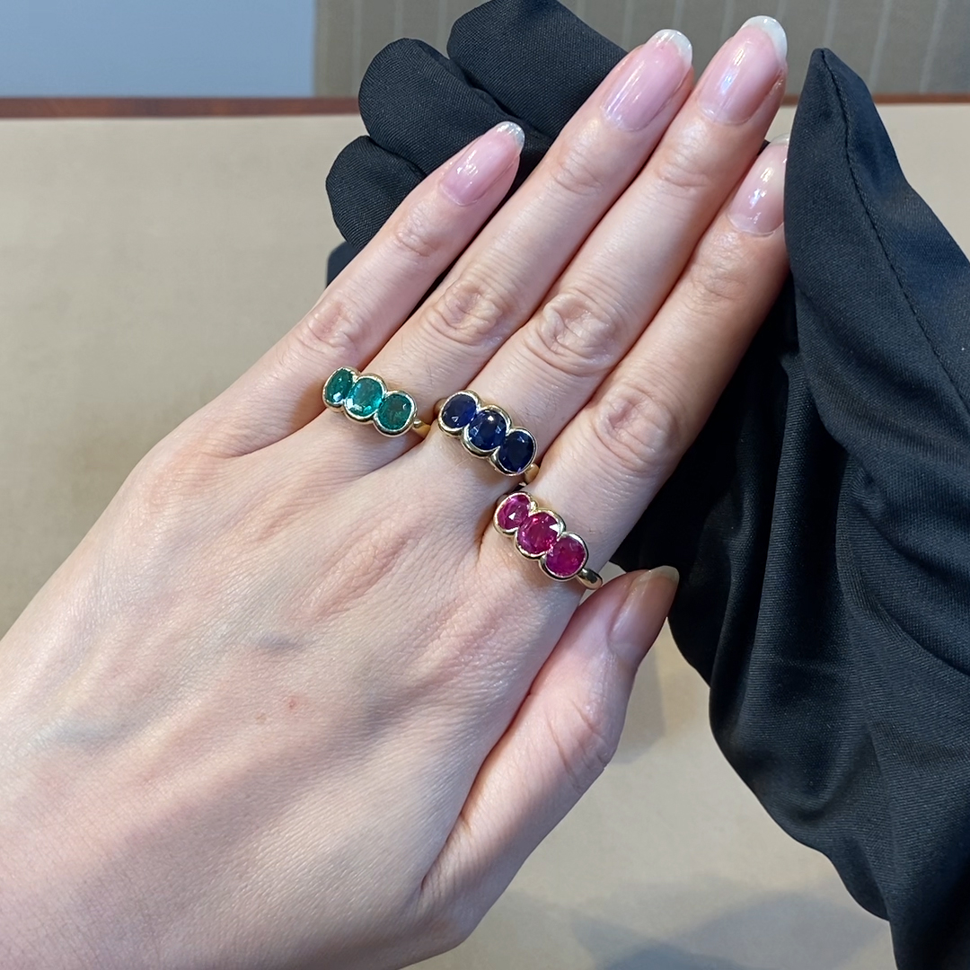 Art Nouveau Trio of Rings Emerald, Sapphire & Ruby