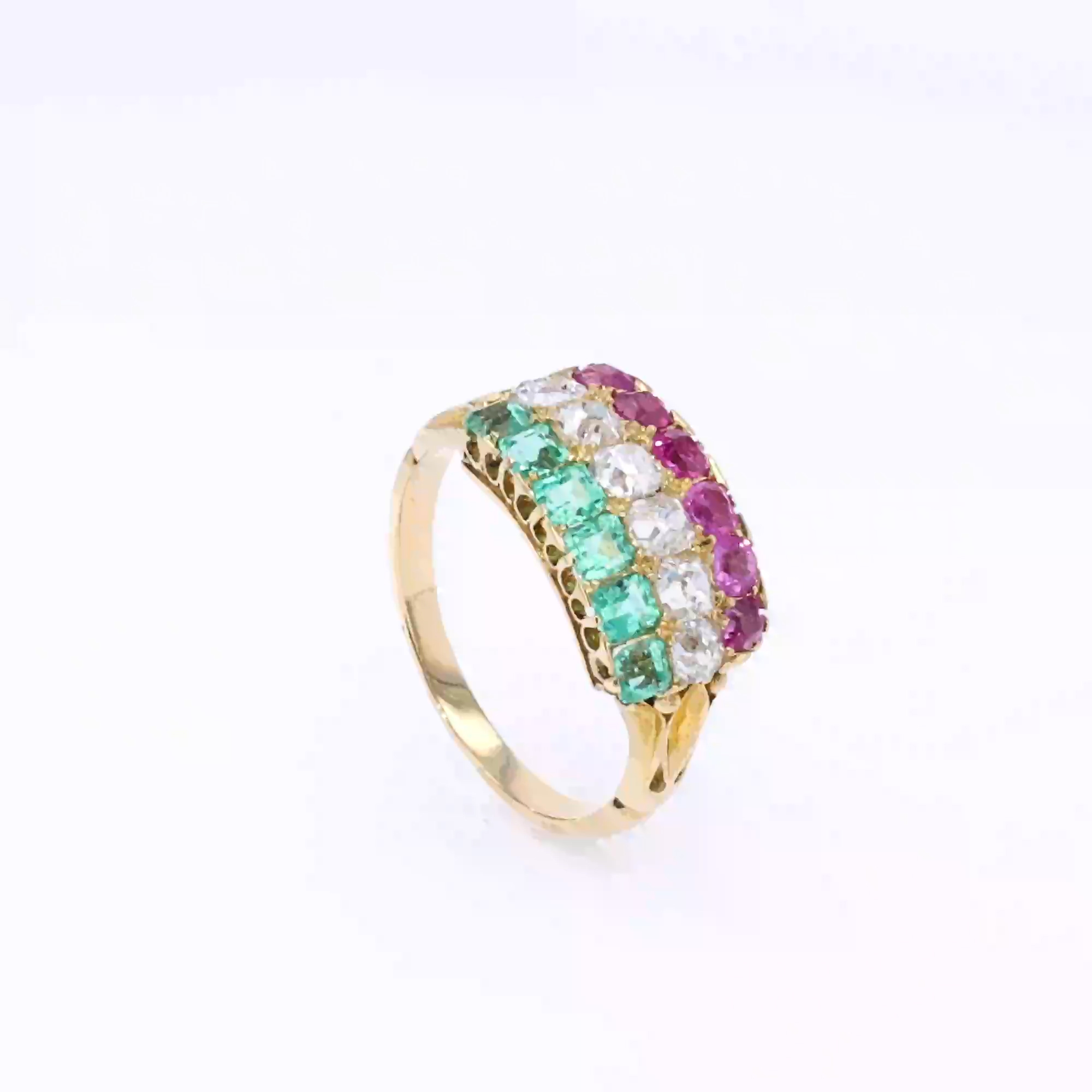 Three Row Ruby, Diamond and Emerald Ring in 18ct Yellow Gold