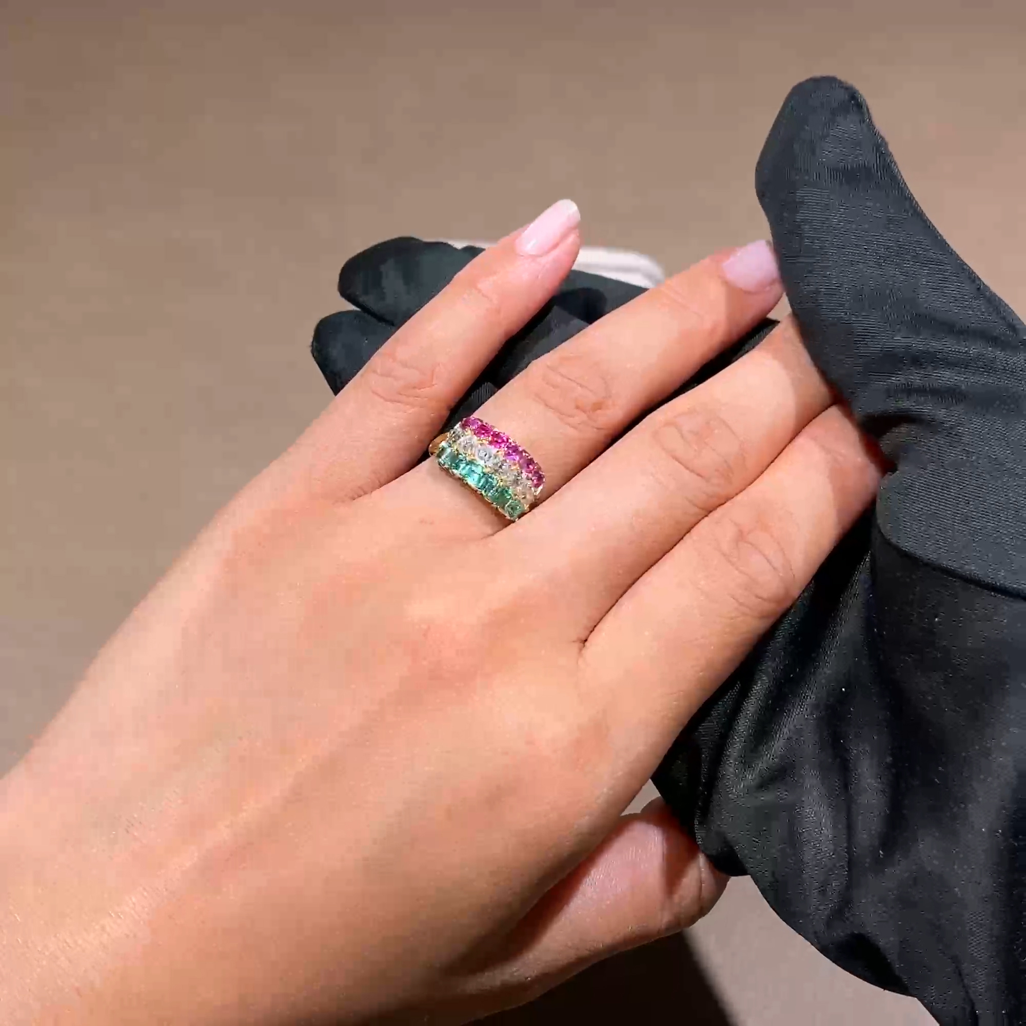 Three Row Ruby, Diamond and Emerald Ring in 18ct Yellow Gold
