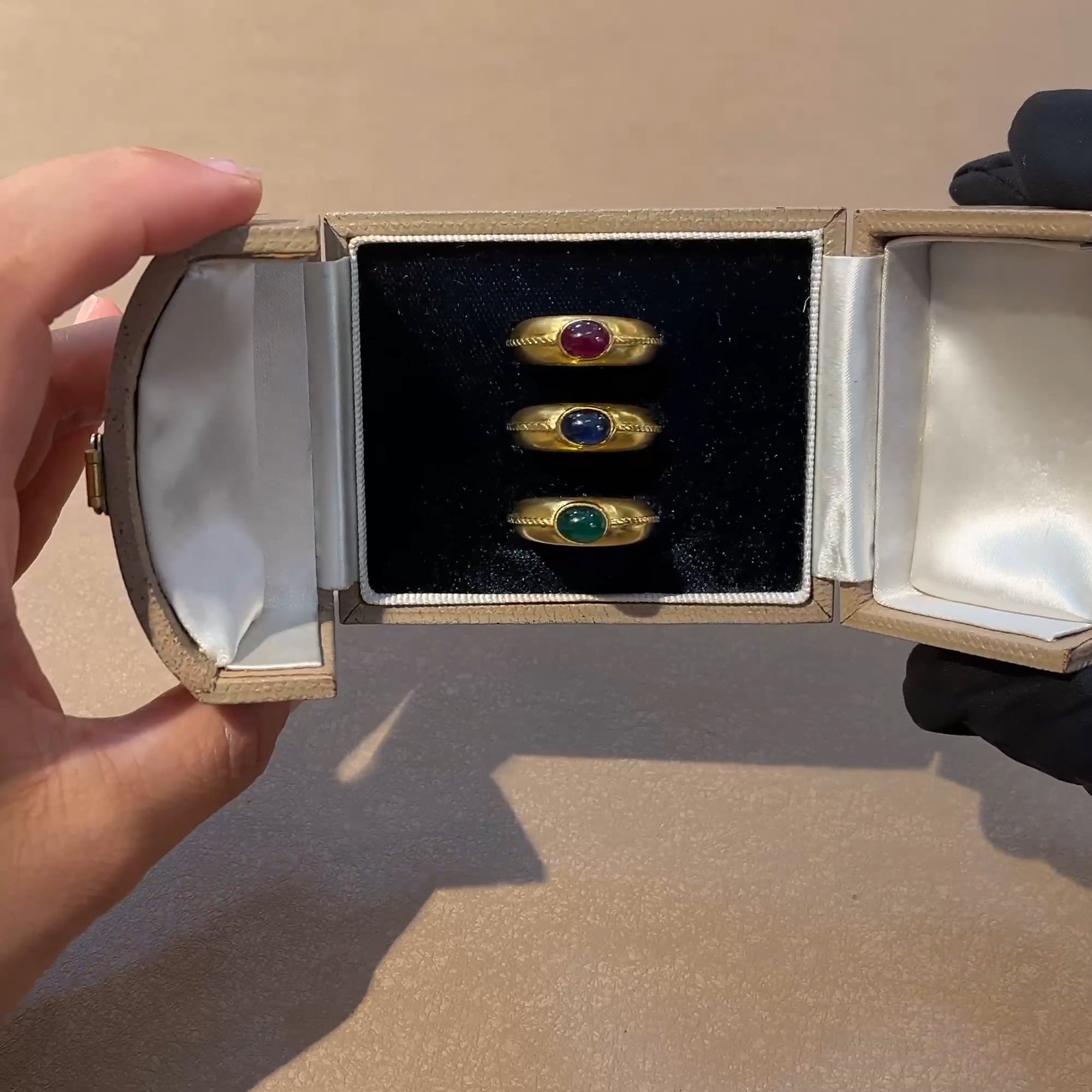 1960s Emerald, Ruby and Sapphire Trio of Rings in 18ct Yellow Gold
