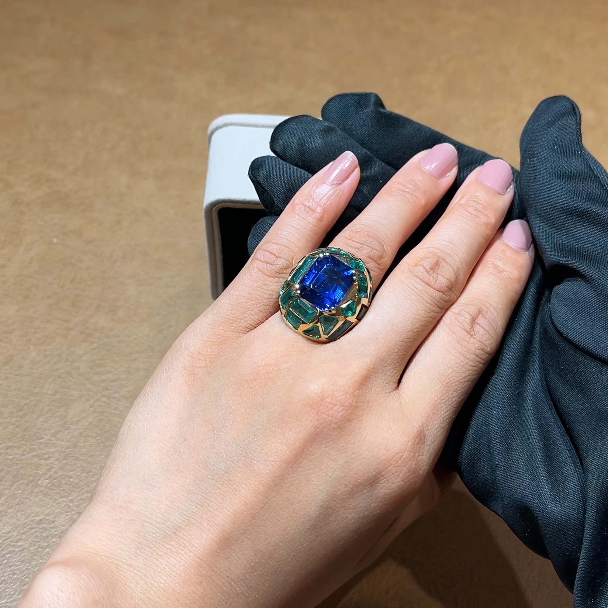 Suzanne Belperron Octagonal Cut 12.543ct Sapphire and Emerald Bombé Ring in 18ct Yellow Gold