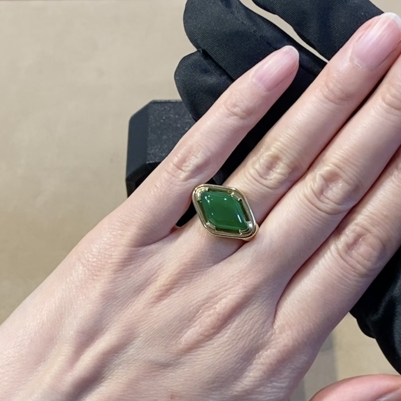 6.60ct Lozenge Shaped Jadeite Jade Ring in 18ct Yellow Gold