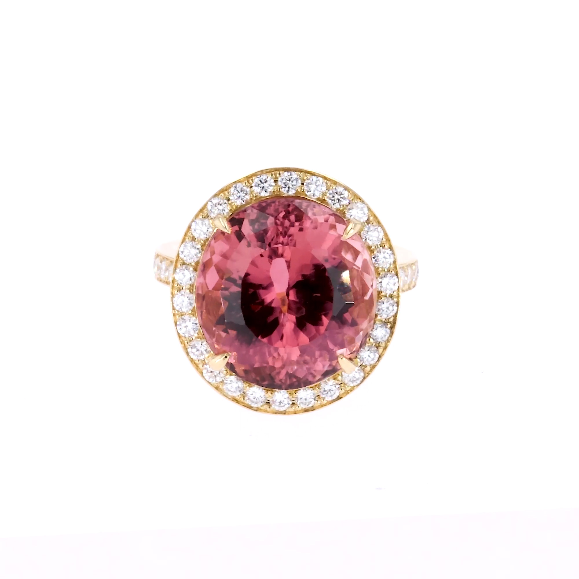Cushion Cut 12.86ct Pink Tourmaline and Diamond Ring in 18ct Yellow Gold